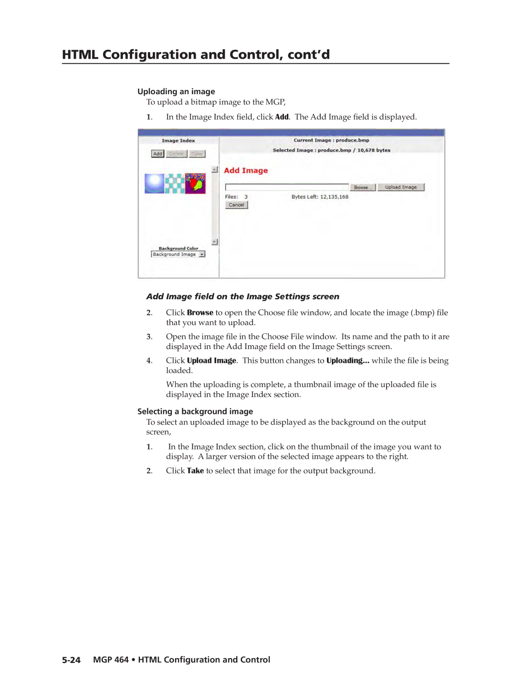 Extron electronic MGP 464 DI manual Uploading an image, To upload a bitmap image to the MGP, Selecting a background image 