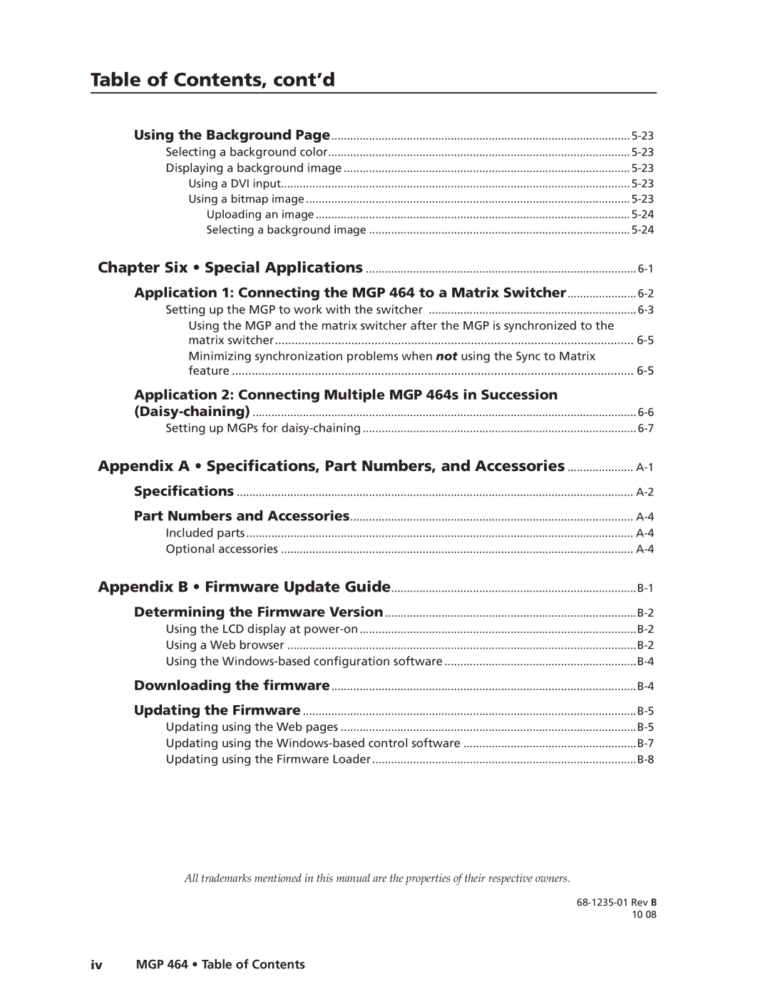 Extron electronic MGP 464 DI Appendix a Specifications, Part Numbers, and Accessories, Iv MGP 464 Table of Contents, Rev B 