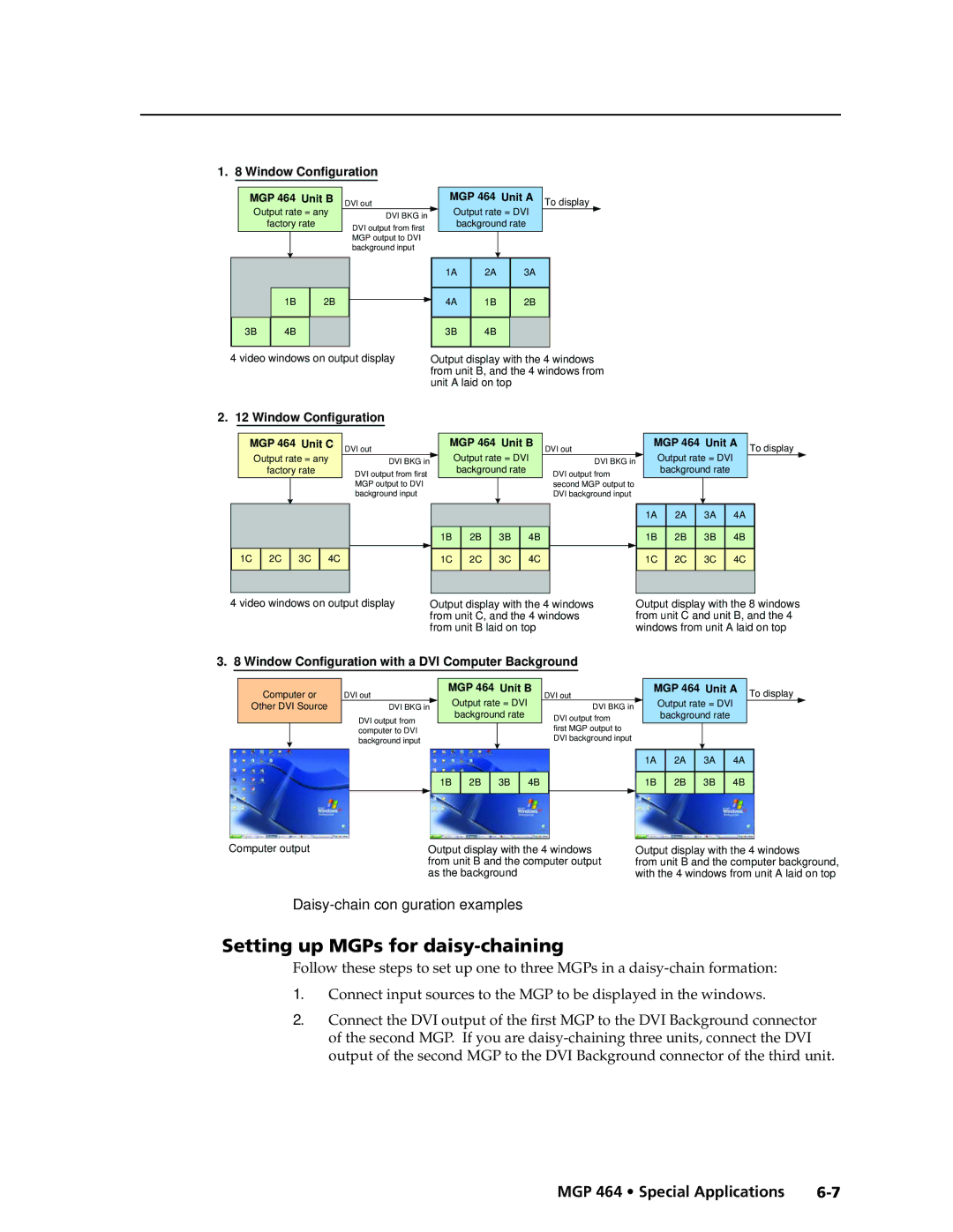 Extron electronic MGP 464 DI manual Setting up MGPs for daisy-chaining, Daisy-chain configuration examples 