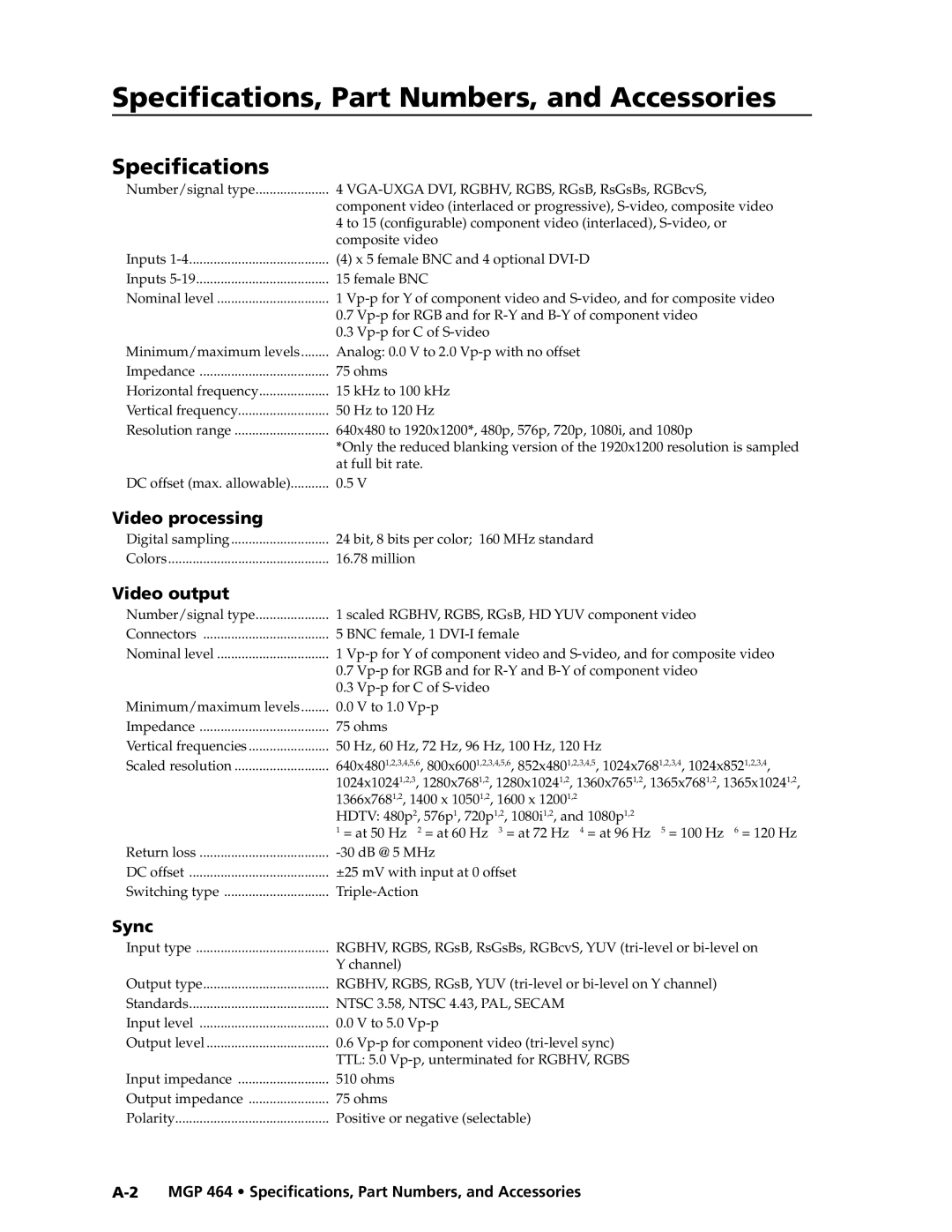 Extron electronic MGP 464 DI Specifications, Part Numbers, and Accessories, 24 bit, 8 bits per color 160 MHz standard 