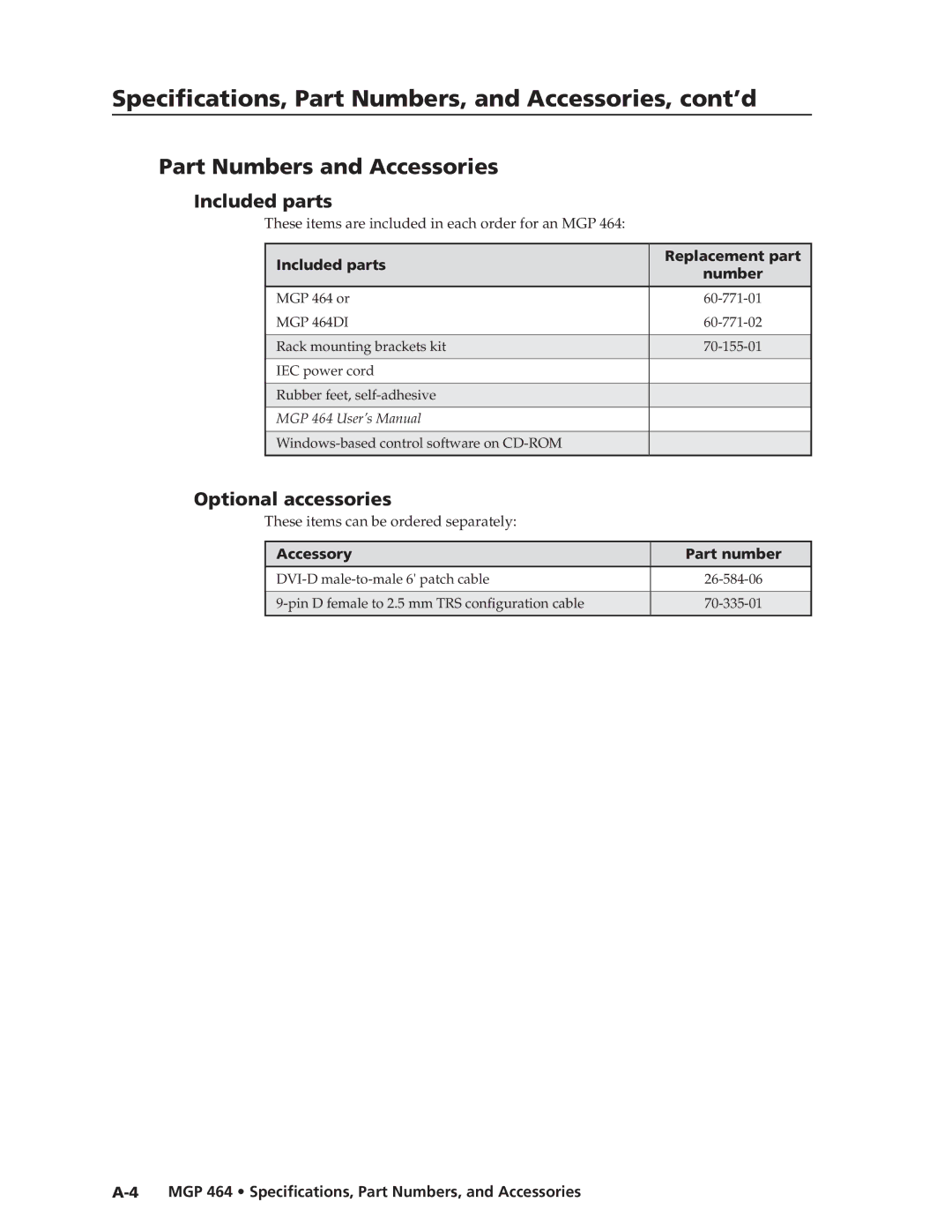 Extron electronic MGP 464 DI manual Specifications, Part Numbers, and Accessories, cont’d, Part Numbers and Accessories 