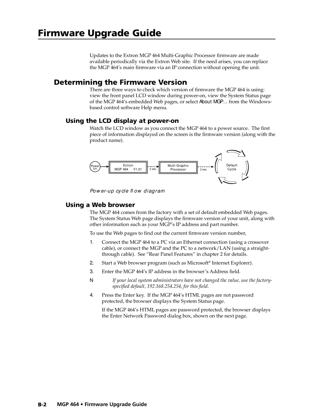 Extron electronic MGP 464 DI Firmware Upgrade Guide, Determining the Firmware Version, Using the LCD display at power-on 