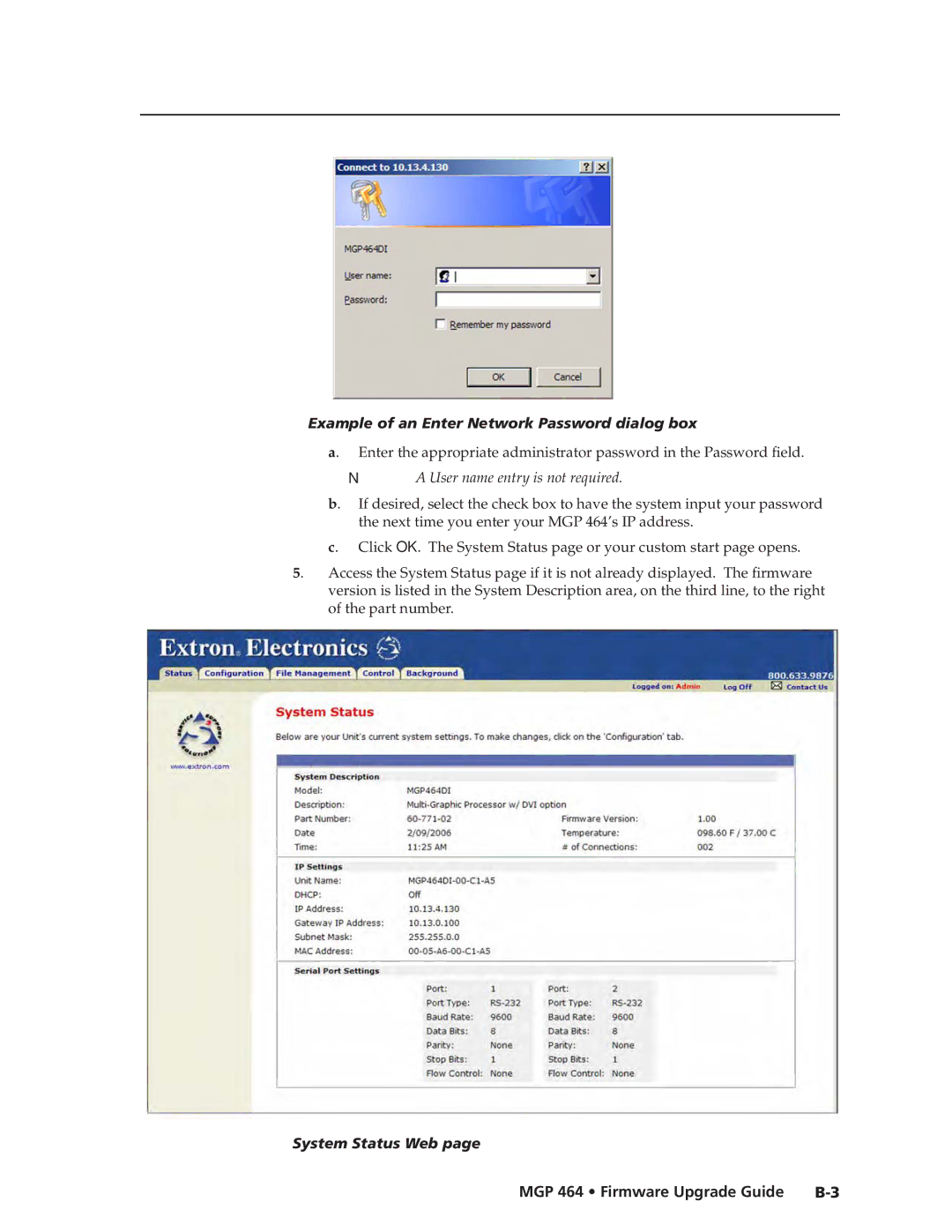 Extron electronic Next time you enter your MGP 464’s IP address, System Status Web, MGP 464 Firmware Upgrade Guide B-3 