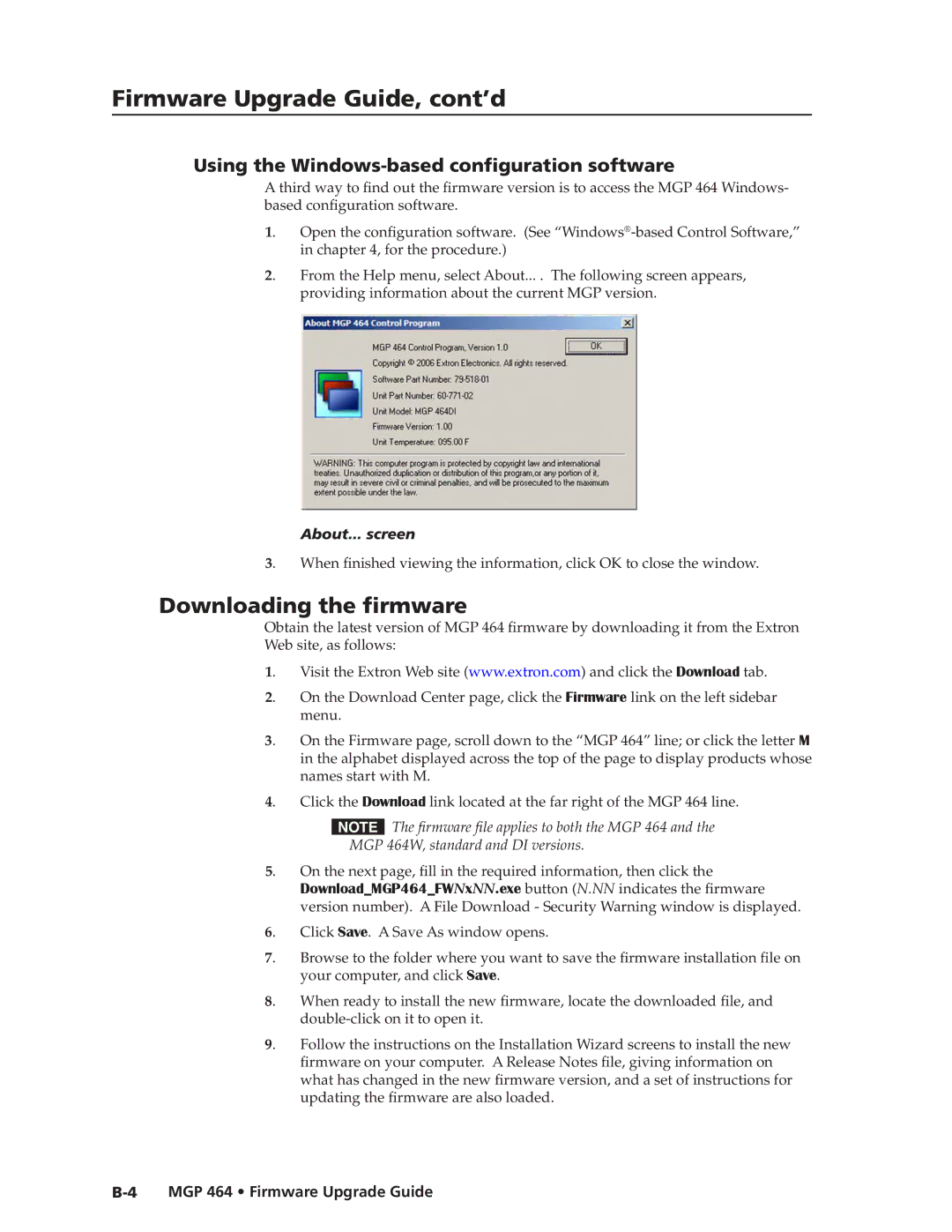 Extron electronic MGP 464 DI manual Firmware Upgrade Guide, cont’d, Downloading the firmware, About... screen 