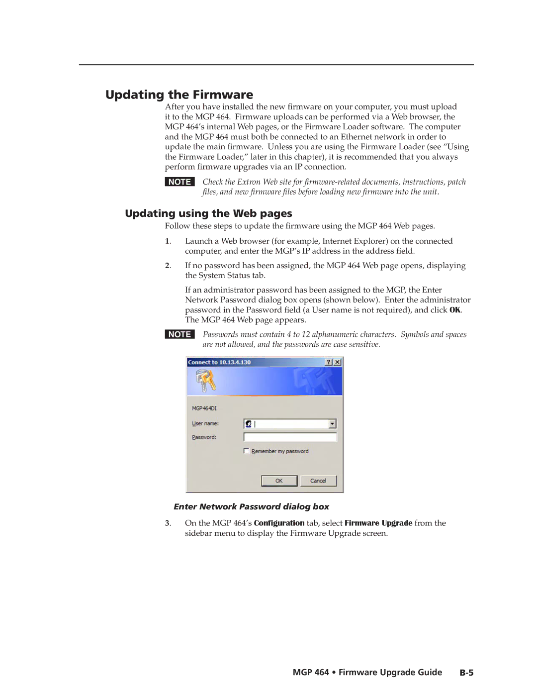 Extron electronic MGP 464 manual Updating the Firmware, Updating using the Web pages, Enter Network Password dialog box 