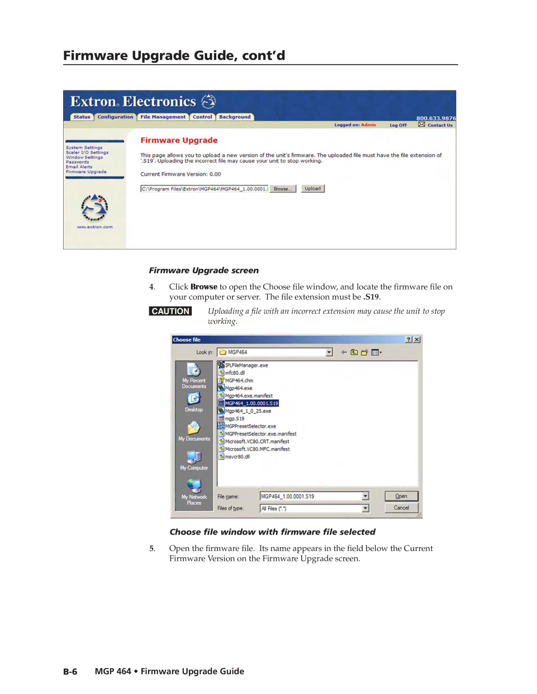 Extron electronic MGP 464 DI manual Firmware Upgrade screen, Choose file window with firmware file selected 