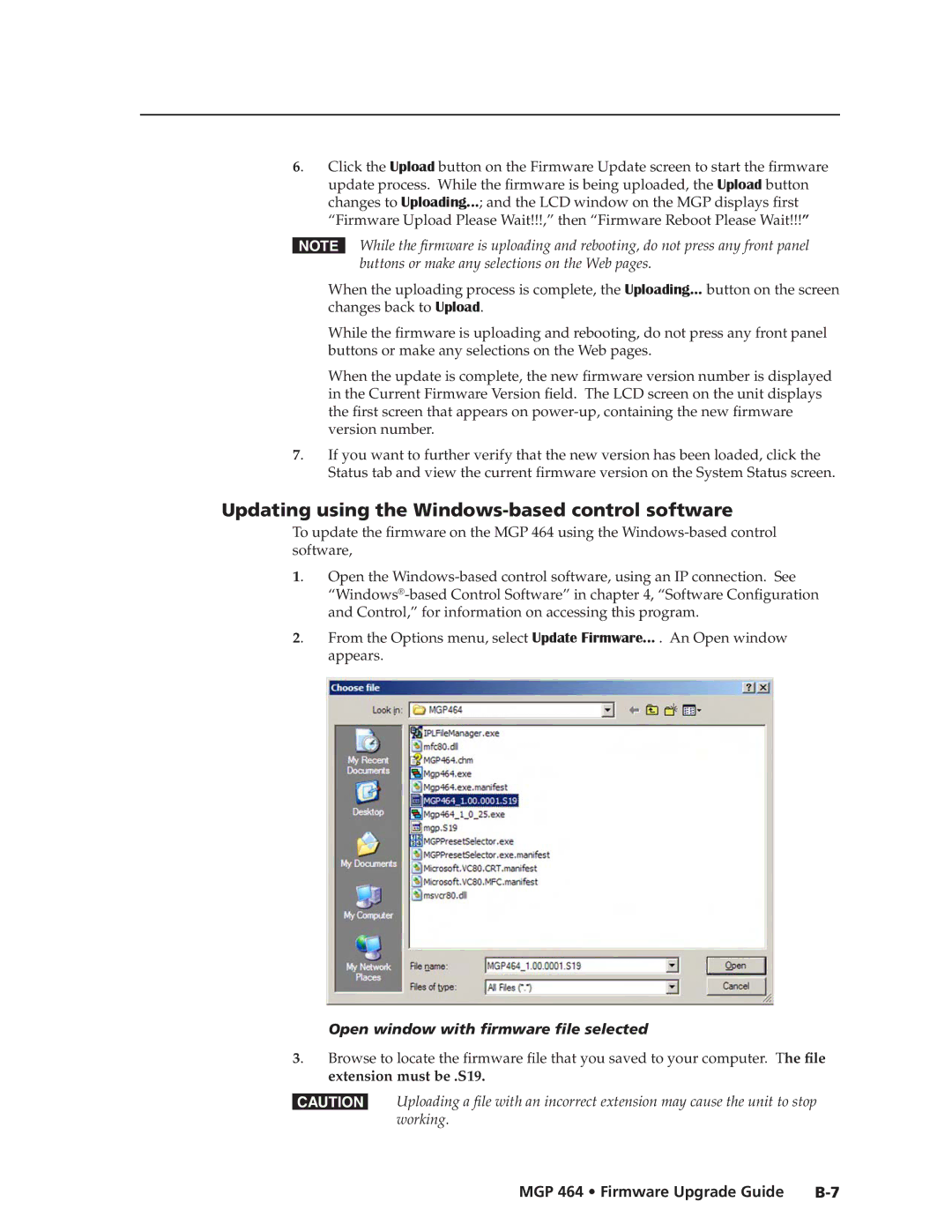 Extron electronic MGP 464 manual Updating using the Windows-based control software, Open window with firmware file selected 