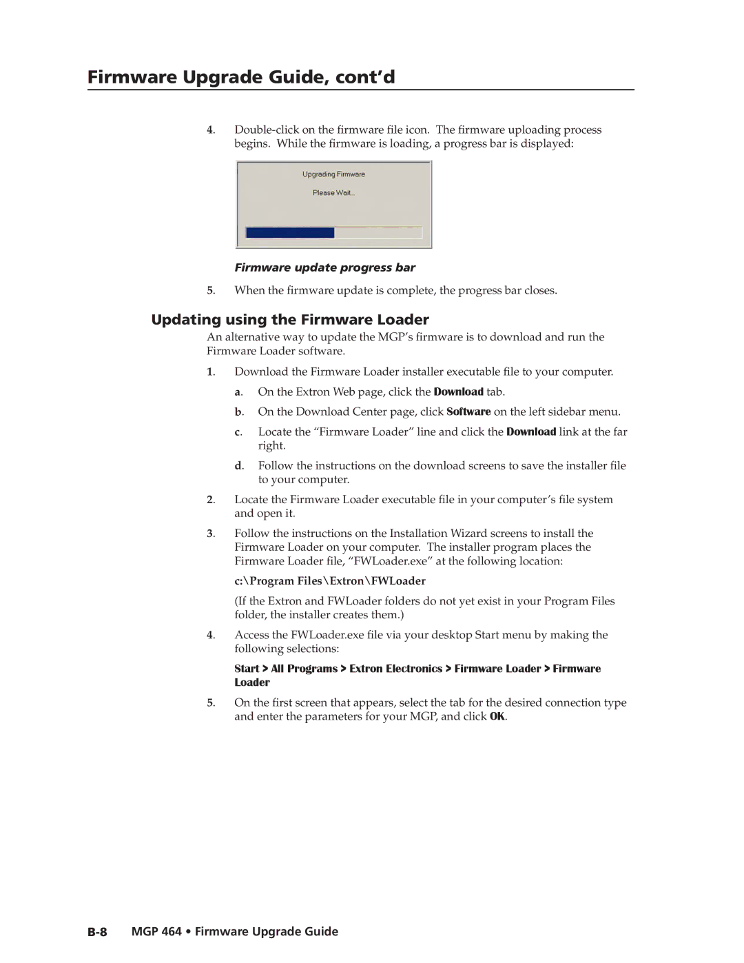 Extron electronic MGP 464 DI manual Updating using the Firmware Loader, Firmware update progress bar 