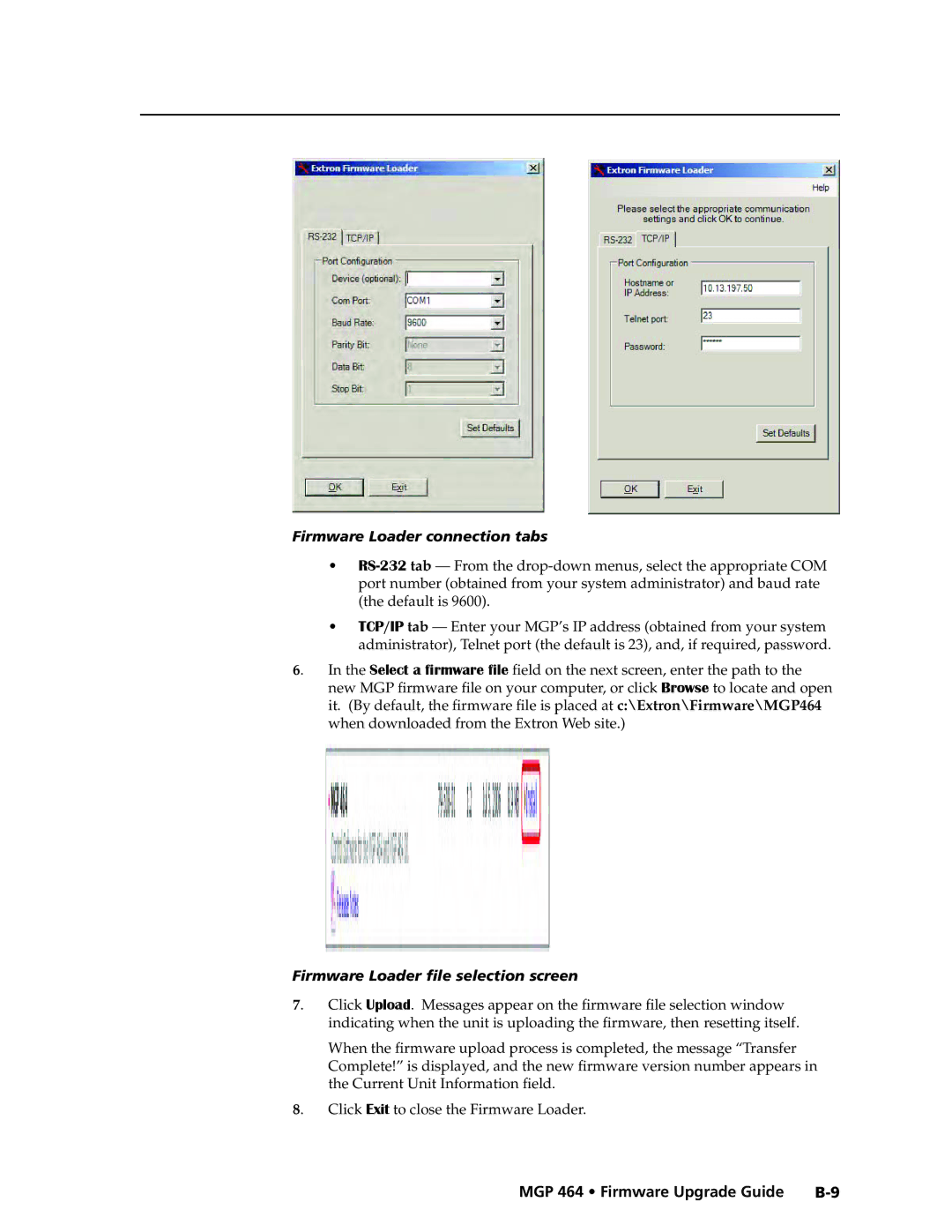 Extron electronic MGP 464 DI manual Firmware Loader connection tabs, Default is, Firmware Loader file selection screen 