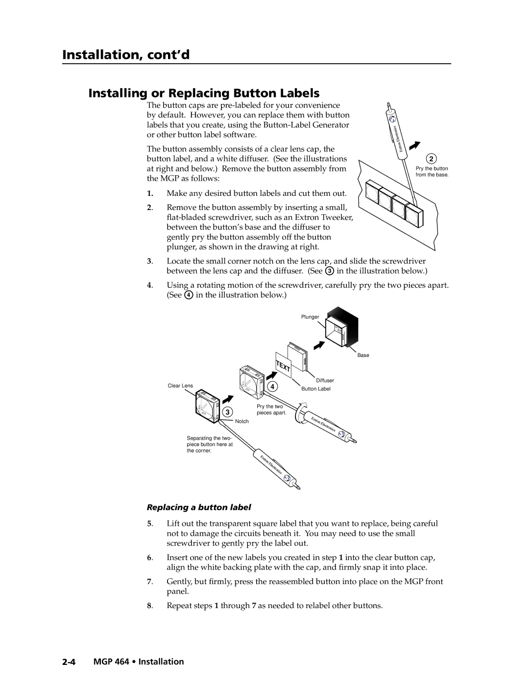 Extron electronic MGP 464 DI manual Installation, cont’d, Installing or Replacing Button Labels, MGP as follows 