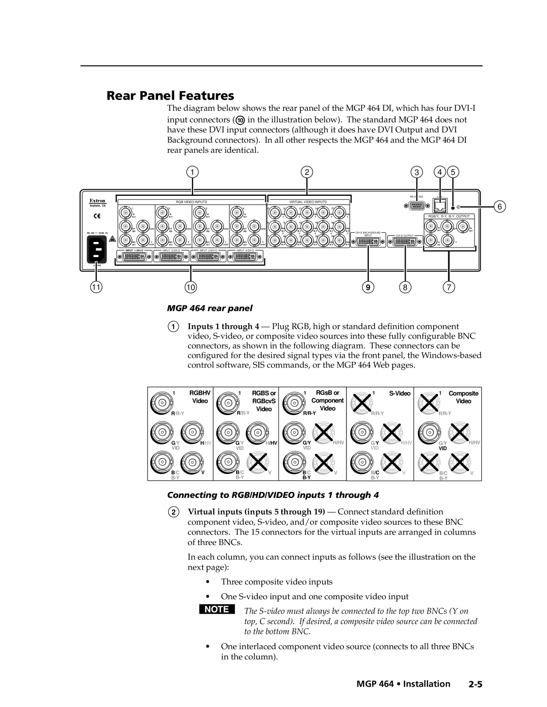 Extron electronic MGP 464 DI manual Rear Panel Features, MGP 464 rear panel, Connecting to RGB/HD/VIDEO inputs 1 through 