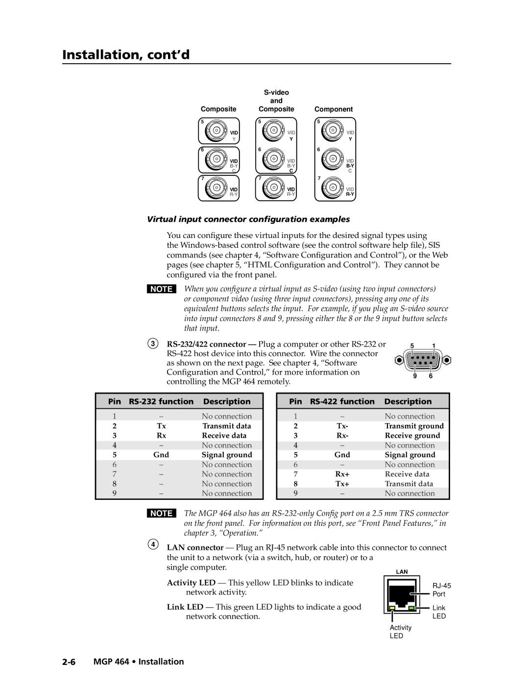 Extron electronic MGP 464 DI manual Virtual input connector configuration examples, Pin RS-422 function Description 