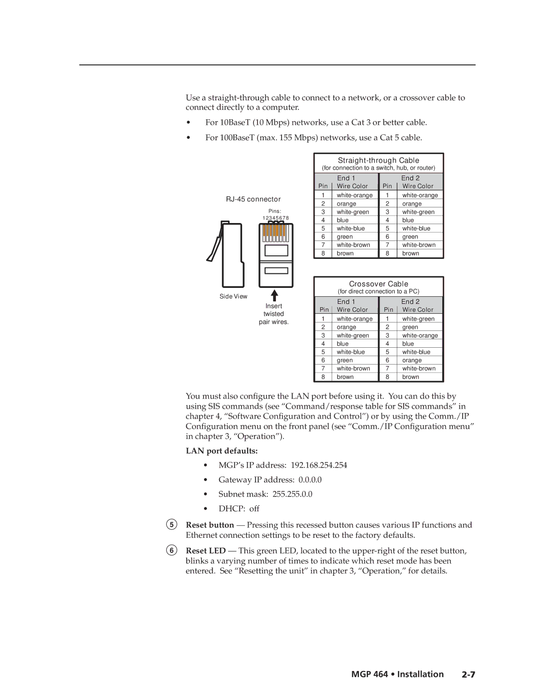 Extron electronic MGP 464 DI manual LAN port defaults, MGP’s IP address Gateway IP address Subnet mask Dhcp off 