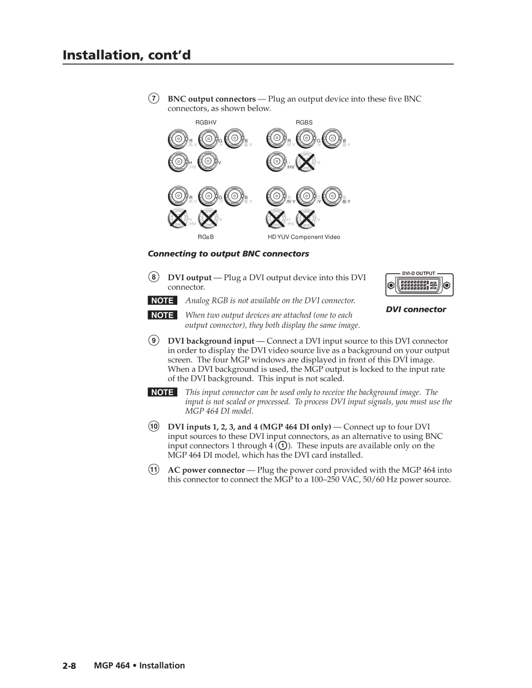 Extron electronic MGP 464 DI manual Connecting to output BNC connectors, DVI output Plug a DVI output device into this DVI 