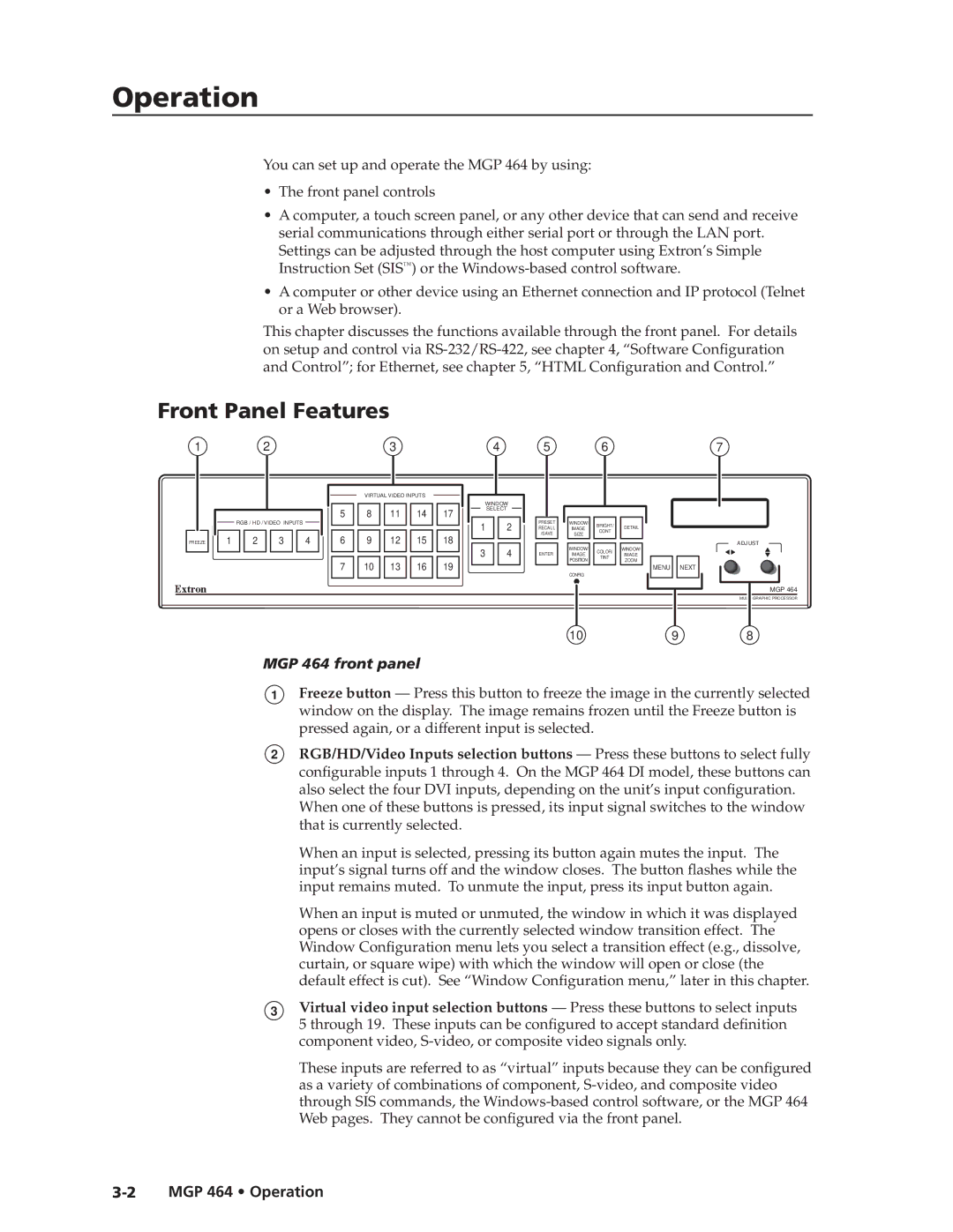 Extron electronic MGP 464 DI manual Front Panel Features, MGP 464 front panel, MGP 464 Operation 