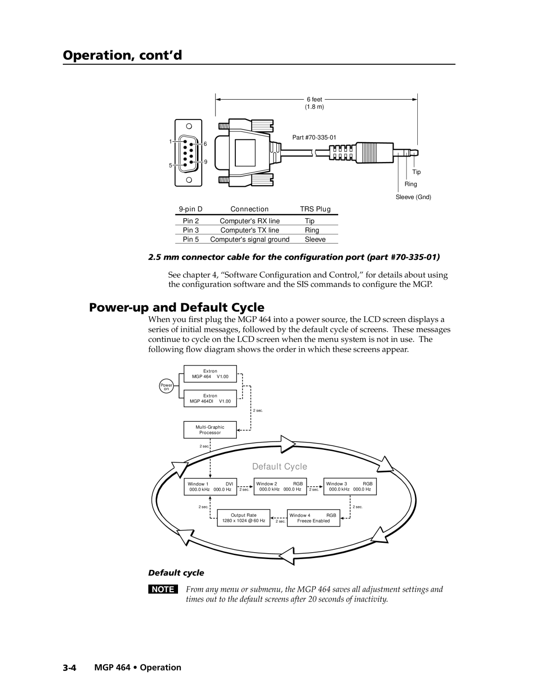 Extron electronic MGP 464 DI Operation, cont’d, Power-up and Default Cycle, Mm connector cable for the configuration port 