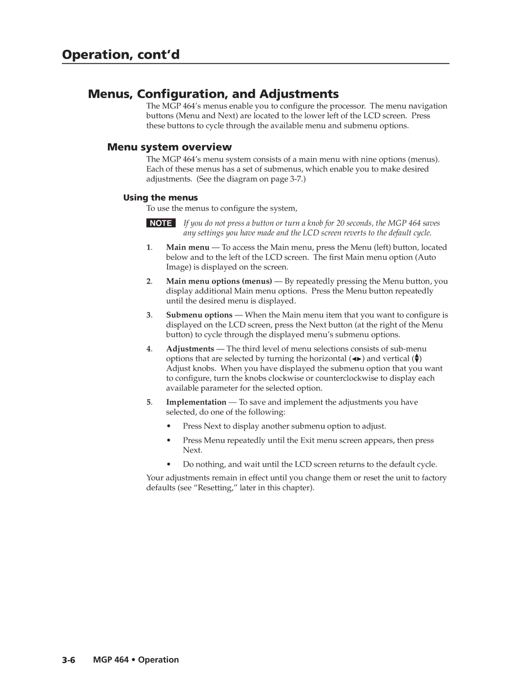 Extron electronic MGP 464 DI manual Menus, Configuration, and Adjustments, Menu system overview, Using the menus 