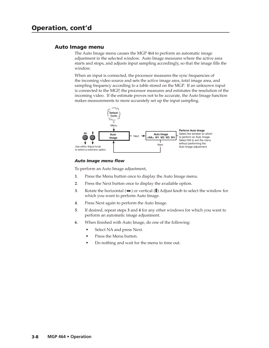 Extron electronic MGP 464 DI manual Auto Image menu flow, When finished with Auto Image, do one of the following 