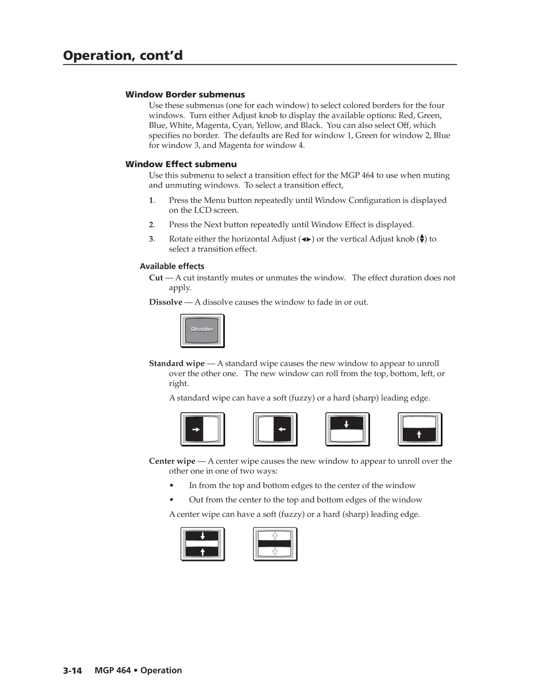 Extron electronic MGP 464 DI manual Window Border submenus, Window Effect submenu, Available effects 