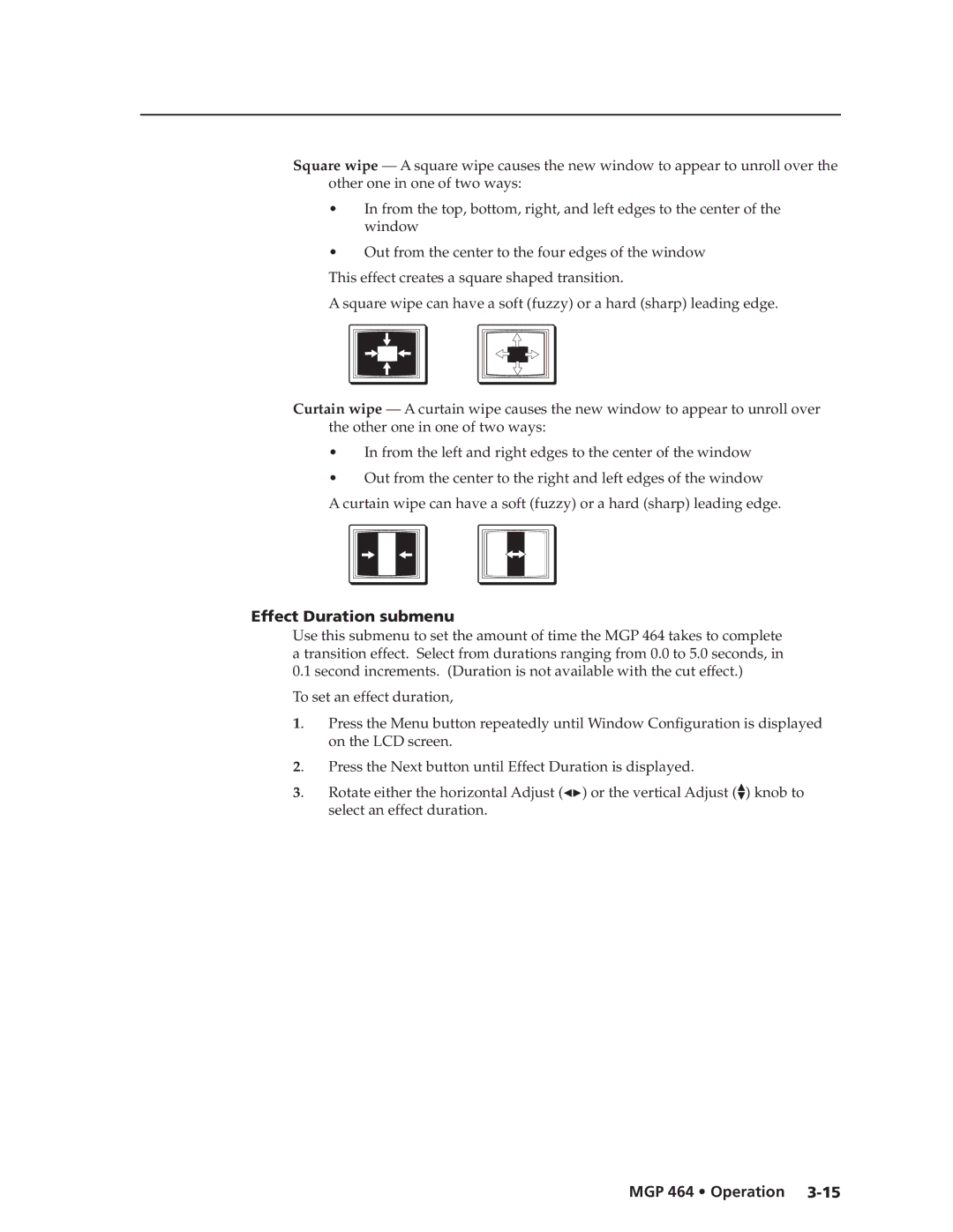 Extron electronic MGP 464 DI manual Out from the center to the four edges of the window, Effect Duration submenu 