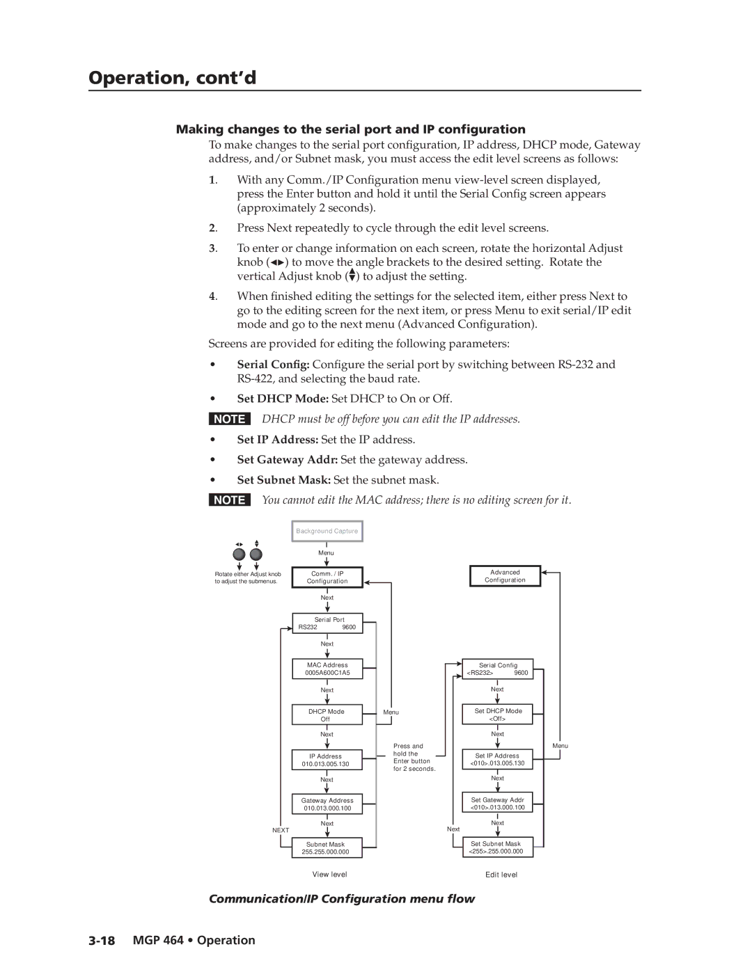 Extron electronic MGP 464 DI manual Making changes to the serial port and IP configuration 