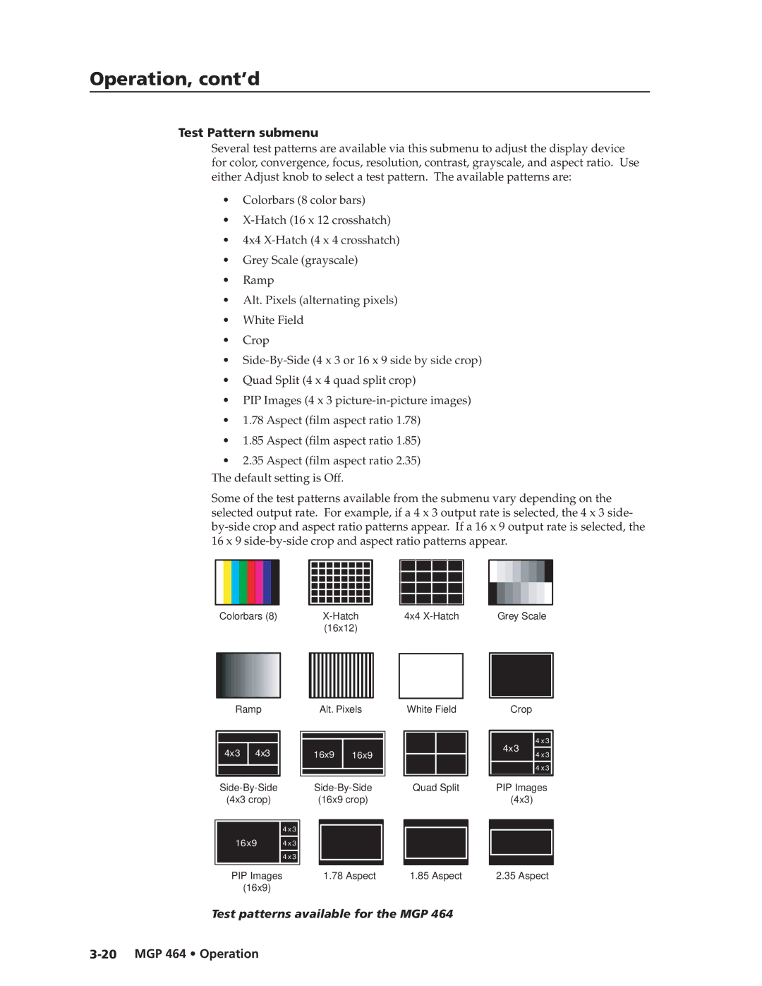 Extron electronic MGP 464 DI manual Test Pattern submenu, Test patterns available for the MGP 