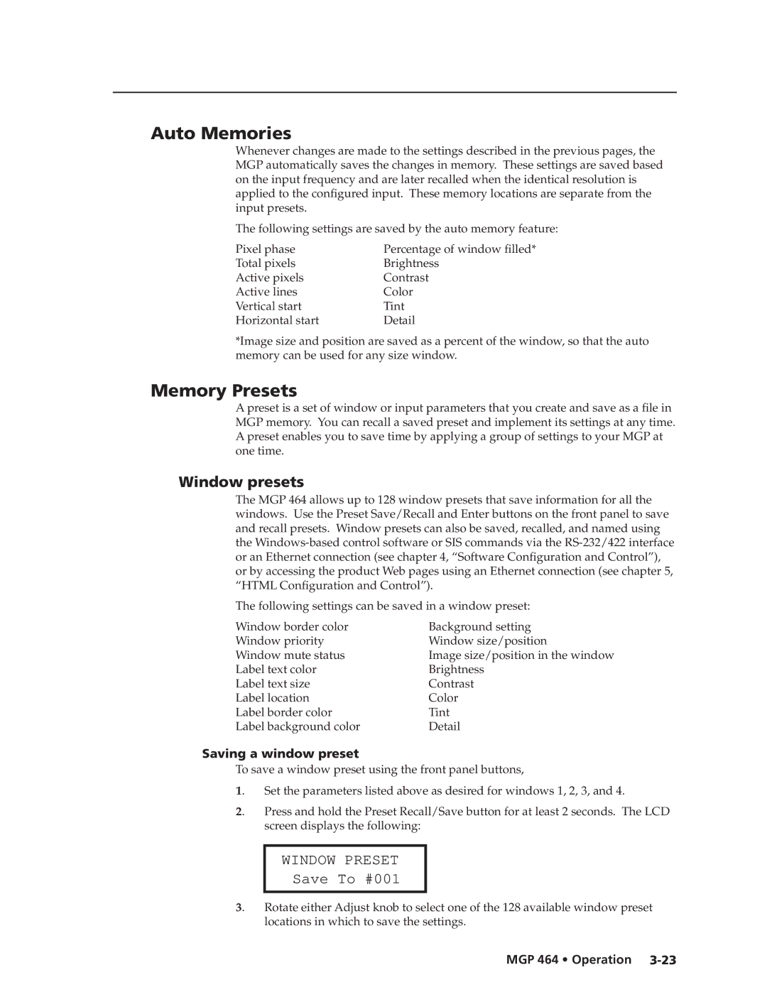 Extron electronic MGP 464 DI manual Auto Memories, Memory Presets, Window presets, Saving a window preset 