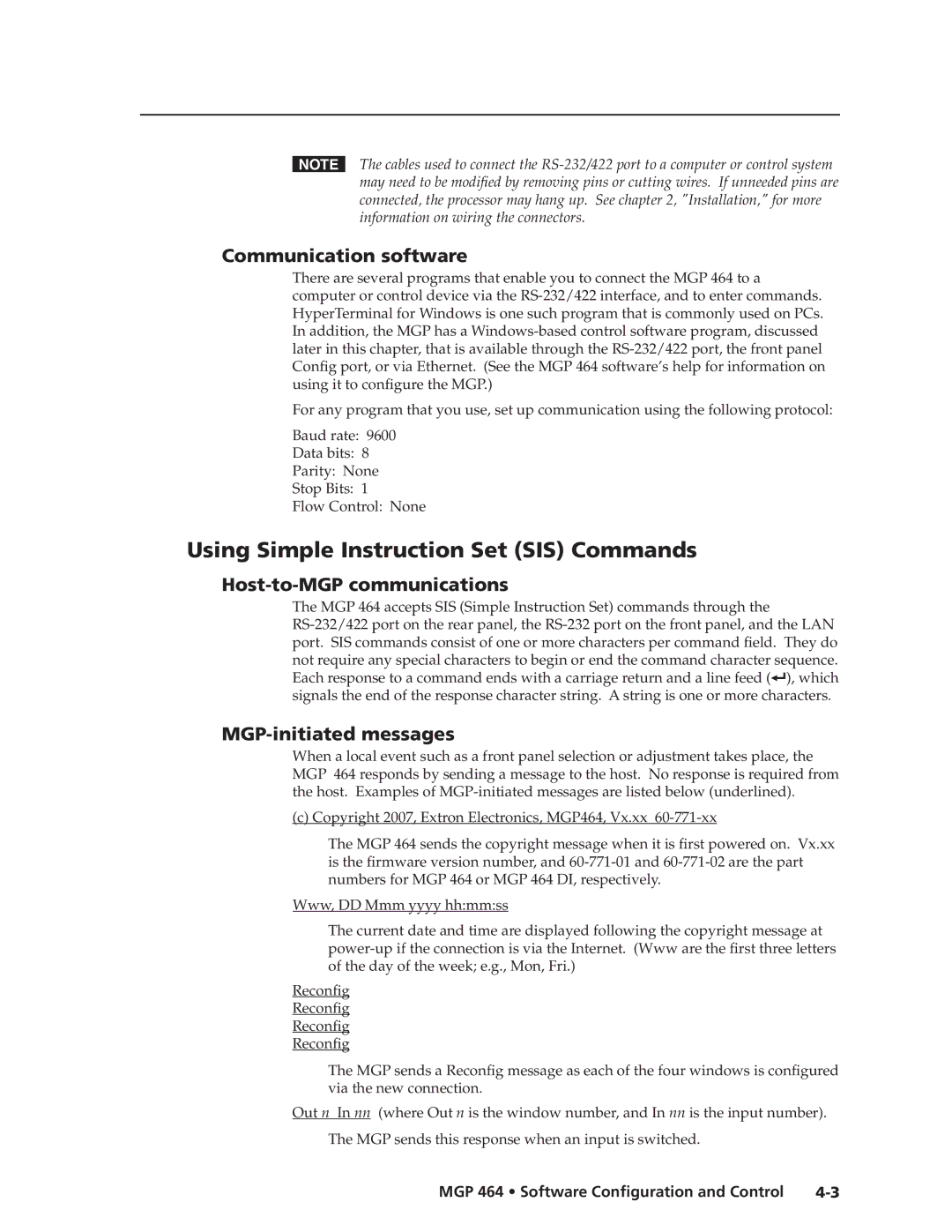 Extron electronic MGP 464 Using Simple Instruction Set SIS Commands, Communication software, Host-to-MGP communications 