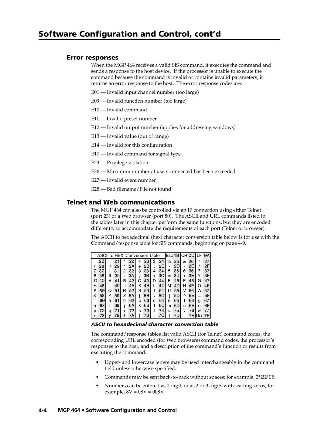 Extron electronic MGP 464 DI Software Configuration and Control, cont’d, Error responses, Telnet and Web communications 