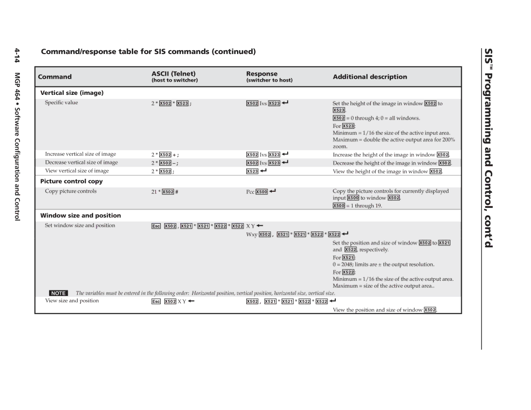 Extron electronic MGP 464 DI manual SIS Programming and Control, Cont’d 