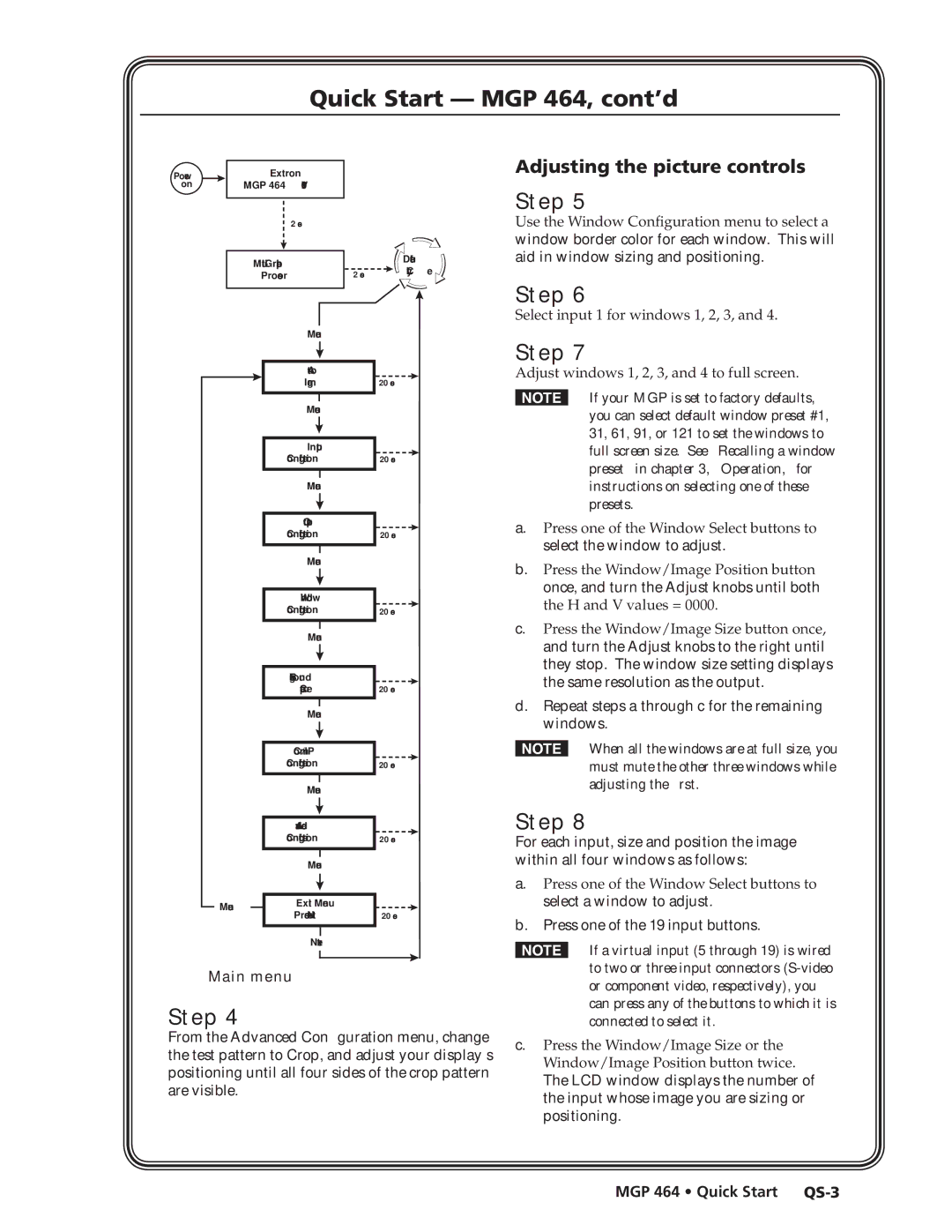 Extron electronic MGP 464 DI manual Adjusting the picture controls, Main menu, MGP 464 Quick Start QS-3 