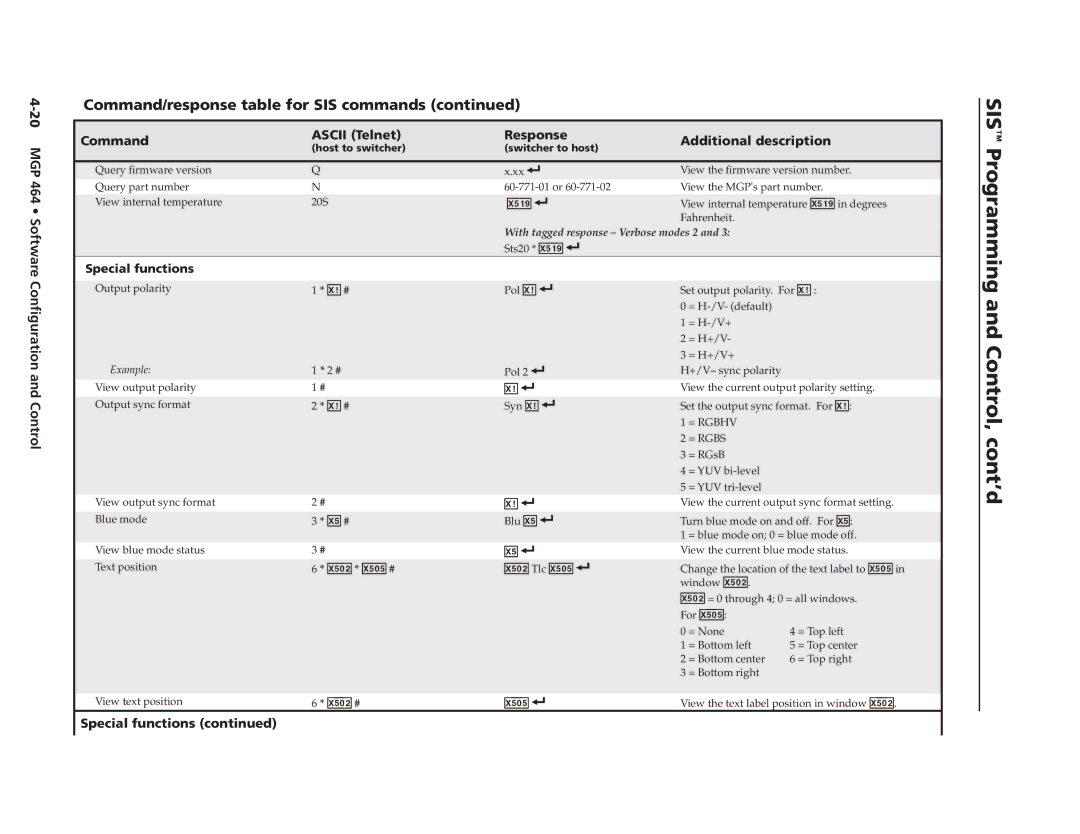 Extron electronic MGP 464 DI manual SIS Programming, X50@ Tlc X50%, Special functions 
