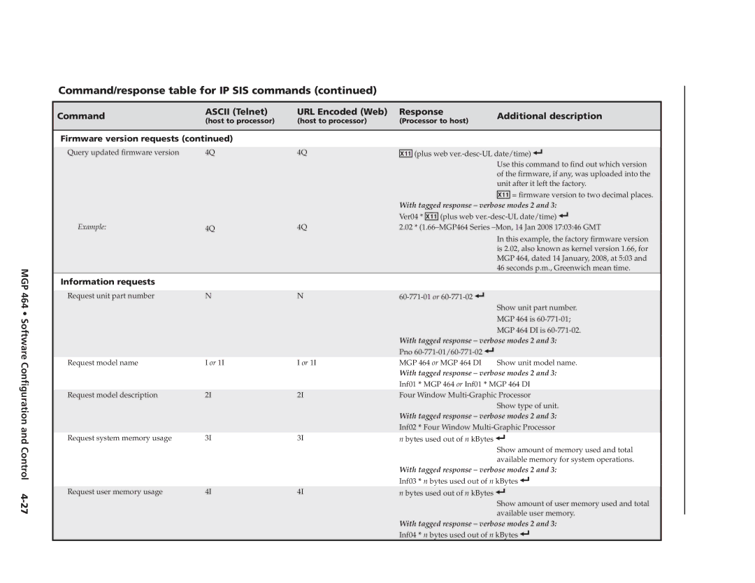 Extron electronic MGP 464 manual X1! = firmware version to two decimal places, Ver04 * X1! plus web ver.-desc-UL date/time 
