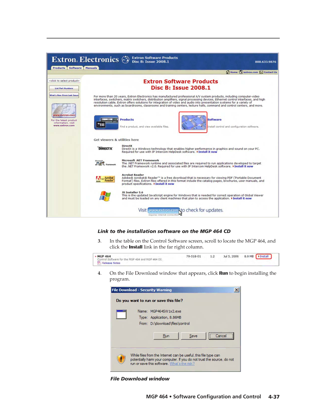 Extron electronic MGP 464 DI manual Link to the installation software on the MGP 464 CD, File Download window 