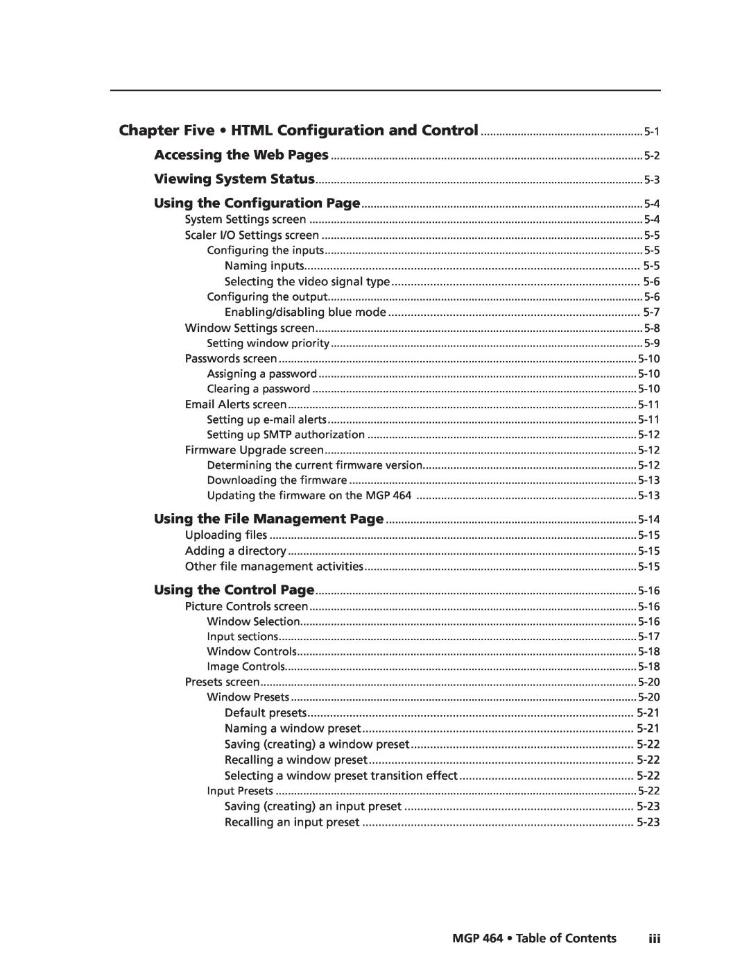 Extron electronic MGP 464 DI manual Chapter Five HTML Configuration and Control, Preliminary, MGP 464 Table of Contents 