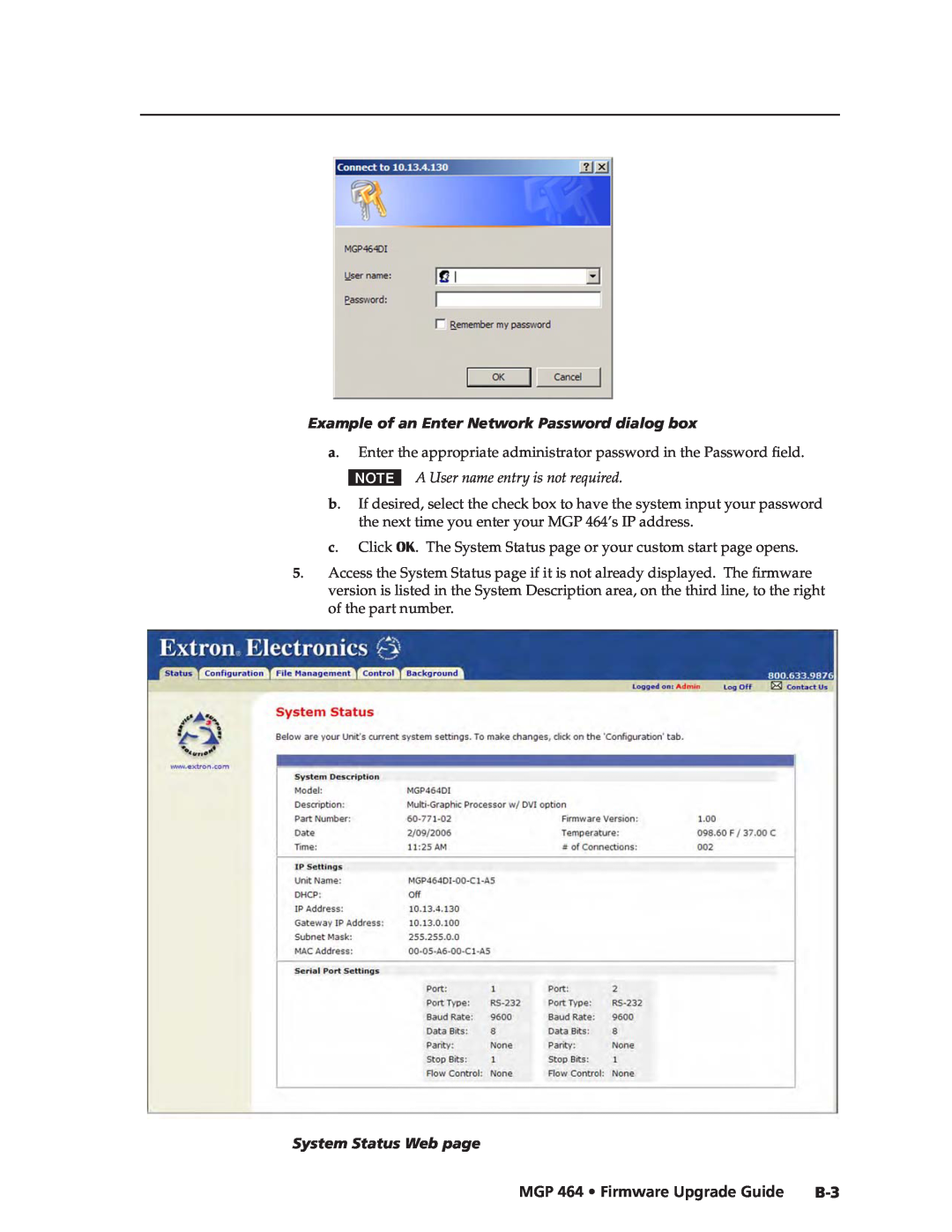 Extron electronic MGP 464 DI manual Preliminary, Example of an Enter Network Password dialog box, System Status Web page 