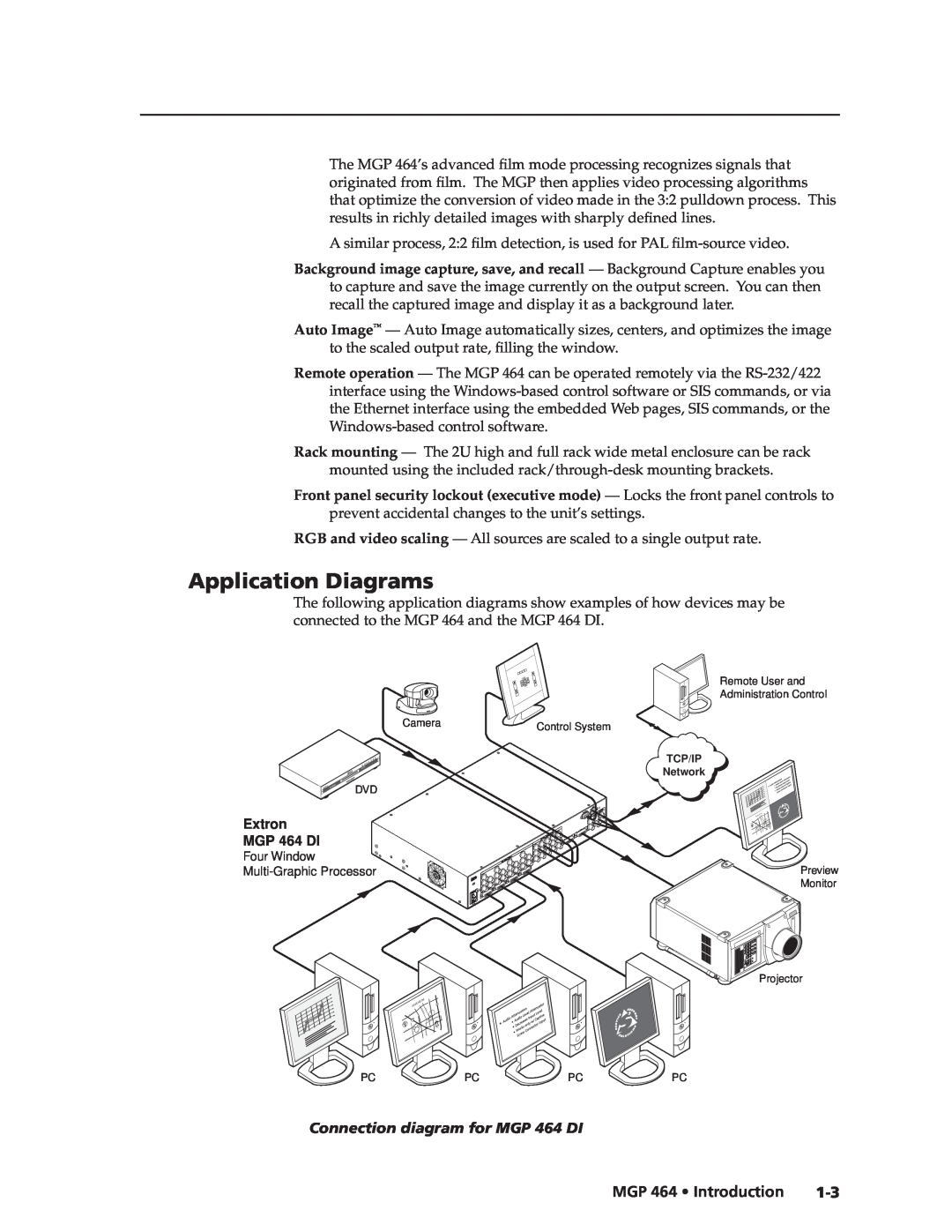 Extron electronic manual Application Diagrams, Preliminary, Connection diagram for MGP 464 DI, MGP 464 Introduction 