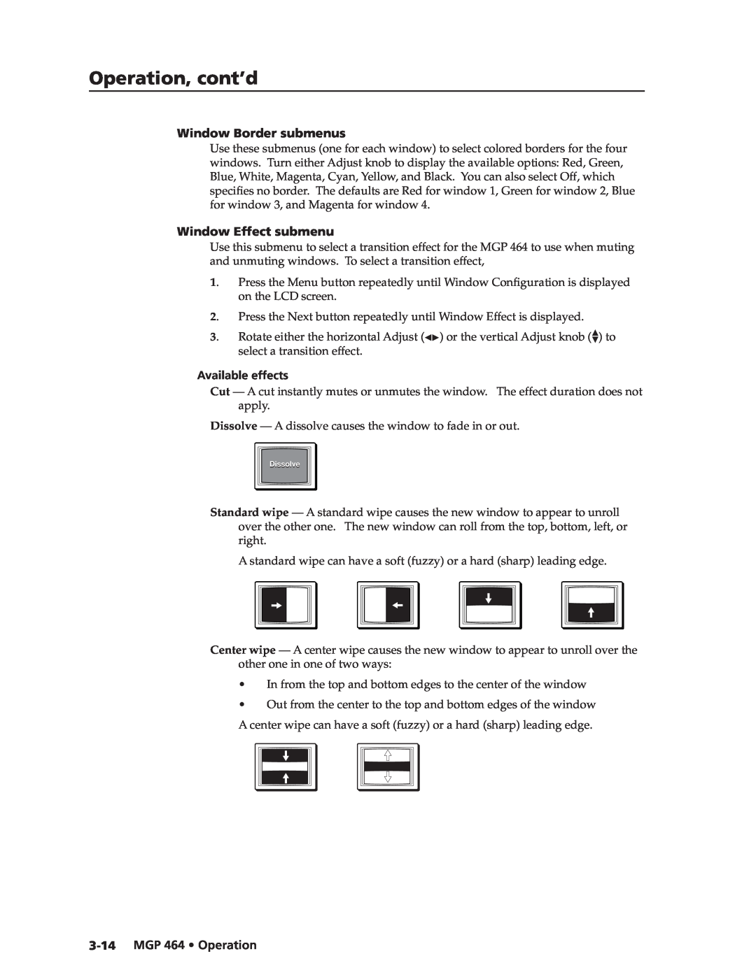Extron electronic MGP 464 DI manual Preliminary, Operation, cont’d, Window Border submenus, Window Effect submenu 
