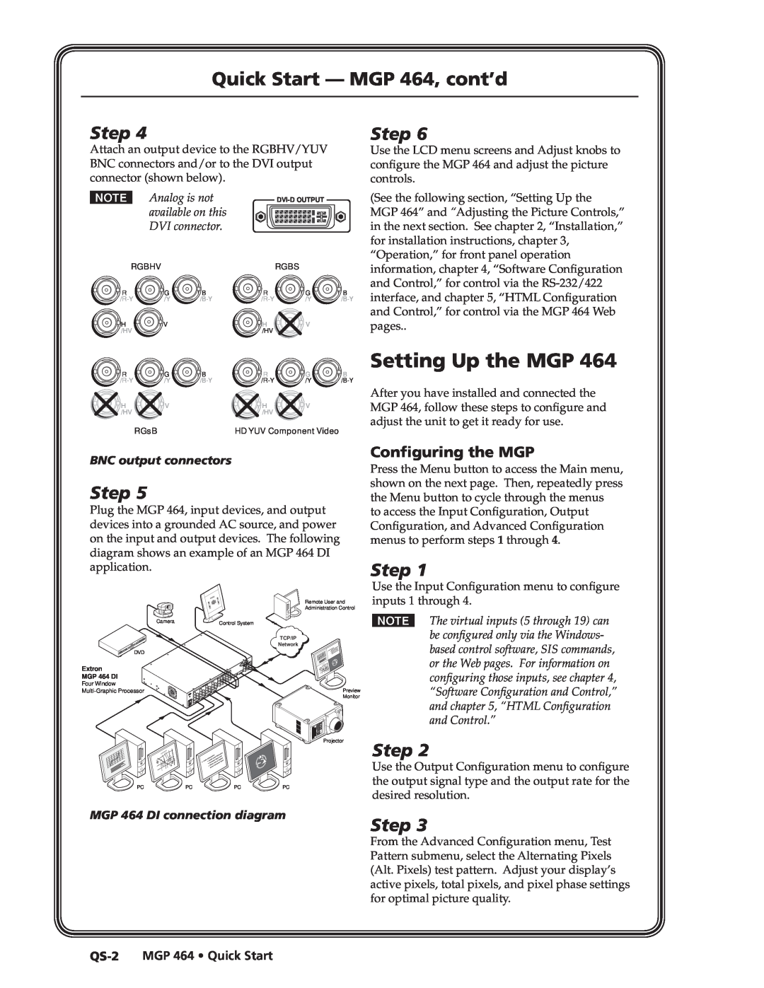 Extron electronic MGP 464 DI Setting Up the MGP, Quick Start - MGP 464, cont’d, Configuring the MGP, Preliminary, Step 