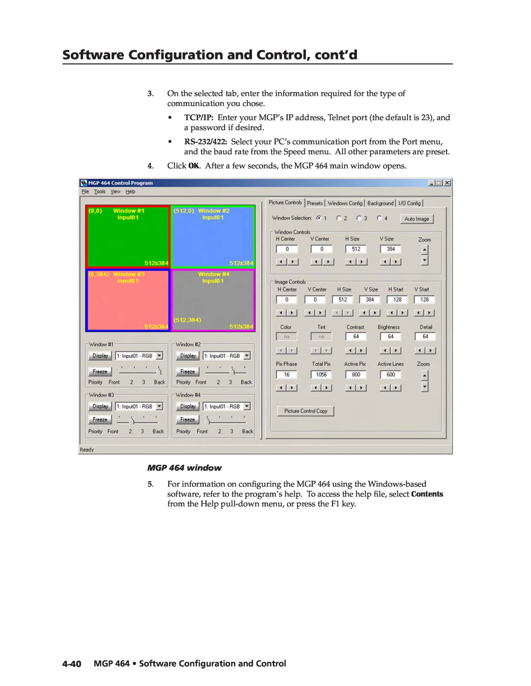 Extron electronic MGP 464 DI manual Preliminary, Software Configuration and Control, cont’d, MGP 464 window 