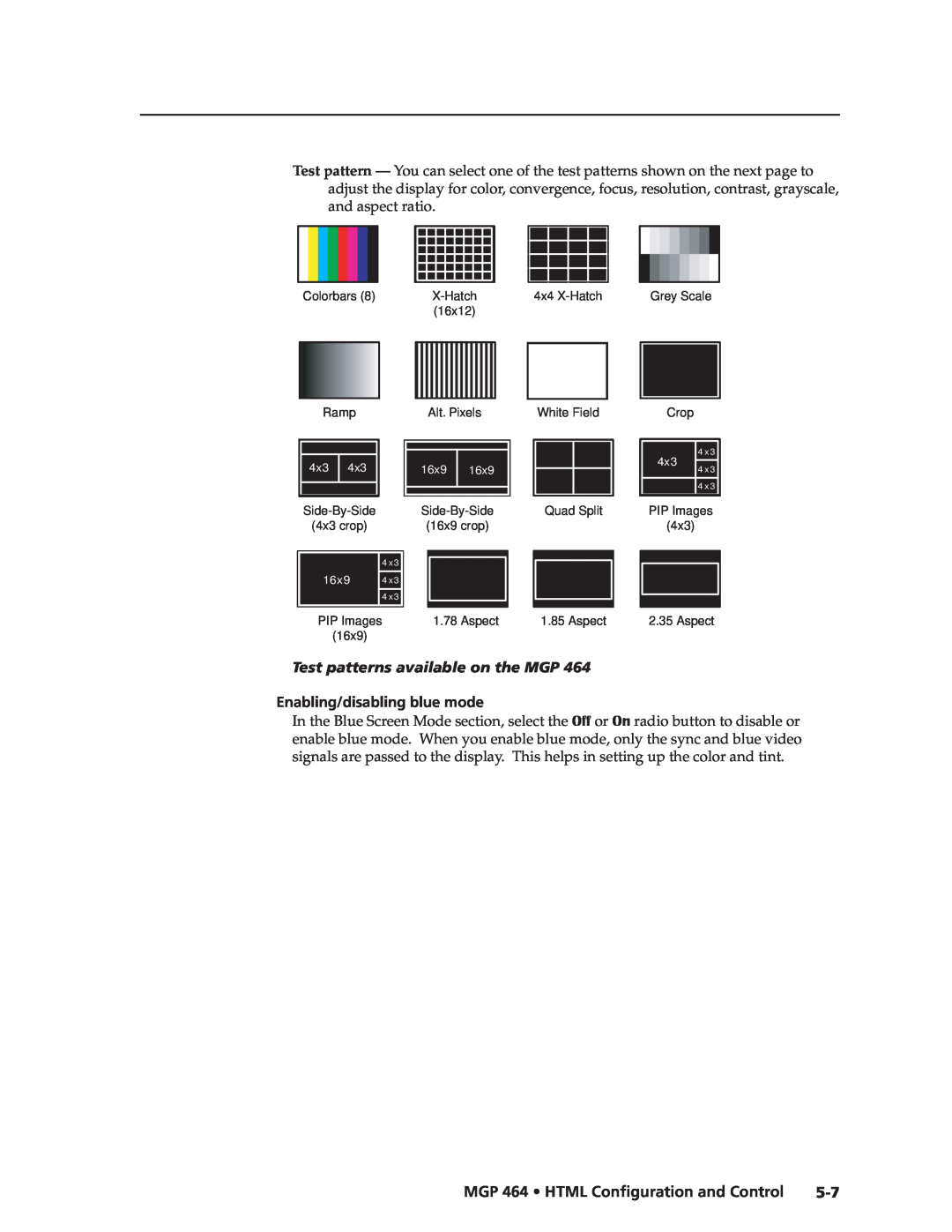 Extron electronic MGP 464 DI manual Preliminary, Test patterns available on the MGP, Enabling/disabling blue mode 