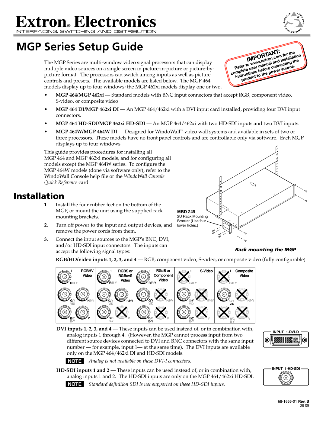 Extron electronic MGP 464W, MGP 464 HD-SDI, MGP 464 DI, MGP 462XI HD-SDI setup guide MGP Series Setup Guide, Installation 