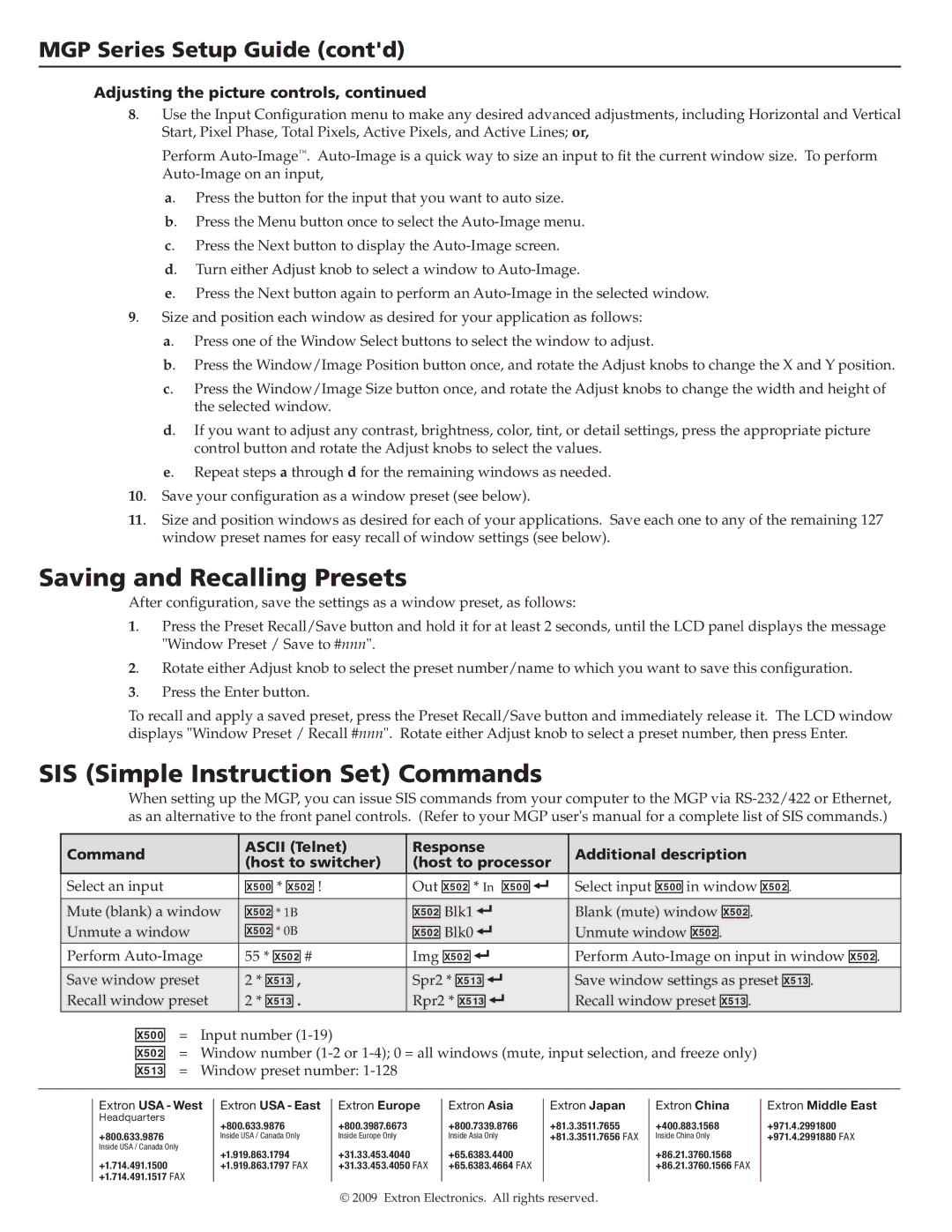 Extron electronic MGP 462XI DI, MGP 464 HD-SDI Saving and Recalling Presets, SIS Simple Instruction Set Commands, X51# 