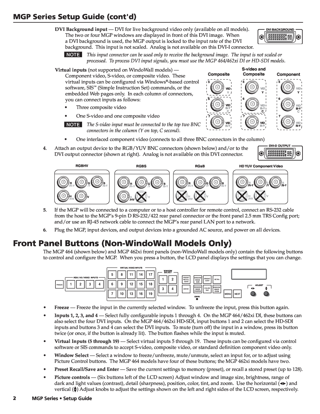Extron electronic MGP 464 DI, MGP 464 HD-SDI Front Panel Buttons Non-WindoWall Models Only, MGP Series Setup Guide contd 