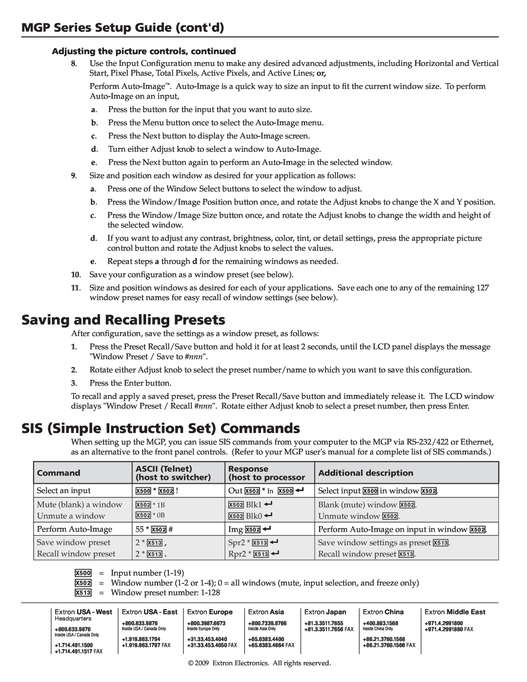 Extron electronic MGP 462XI DI Saving and Recalling Presets, SIS Simple Instruction Set Commands, Additional description 