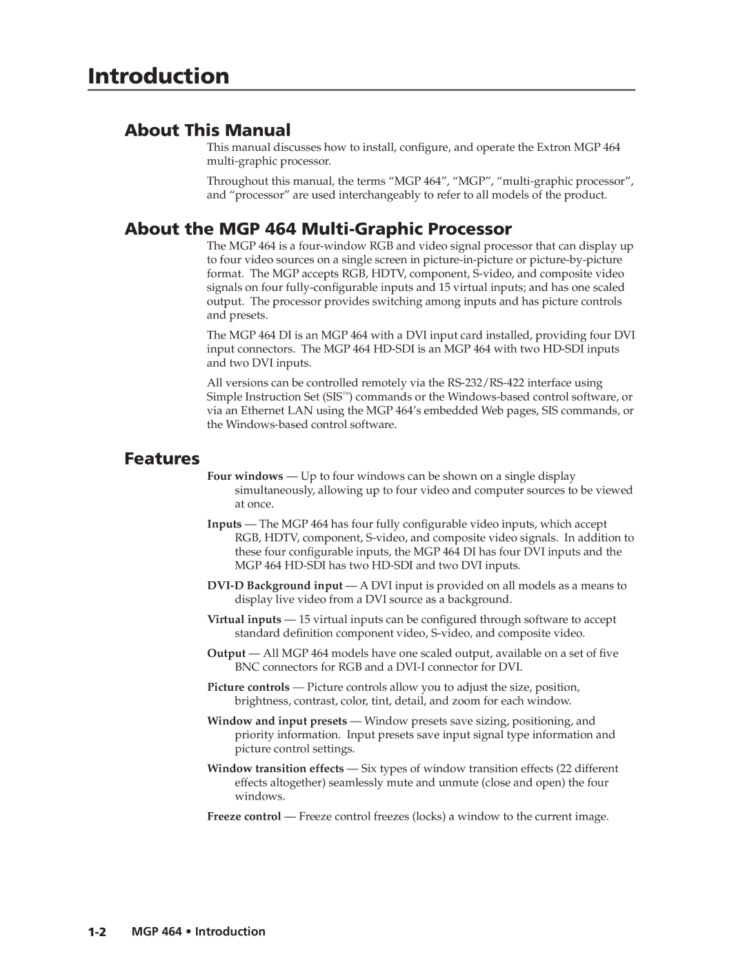 Extron electronic MGP 464 HD-SDI manual About This Manual, About the MGP 464 Multi-Graphic Processor, Features 