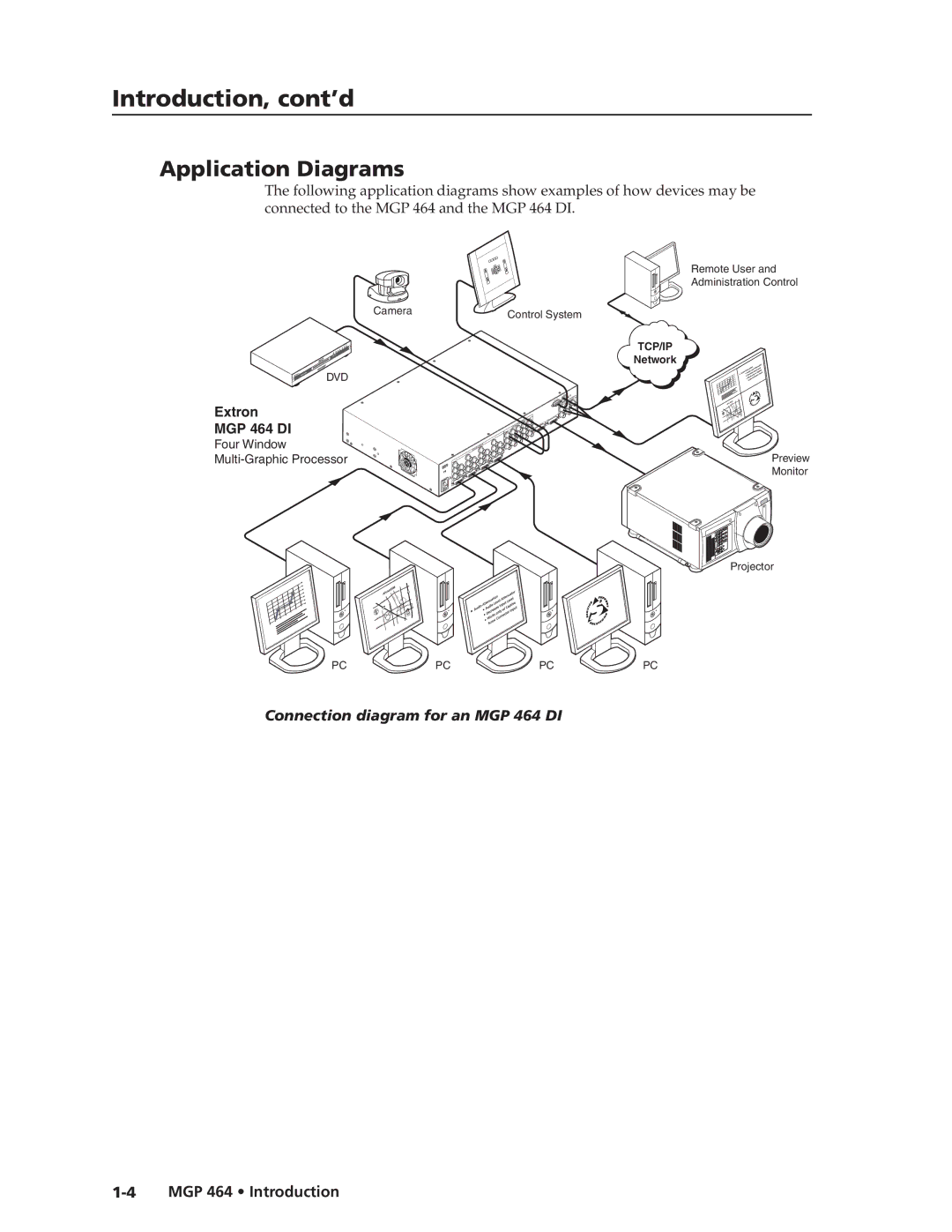 Extron electronic MGP 464 HD-SDI Introduction, cont’d, Application Diagrams, Connected to the MGP 464 and the MGP 464 DI 