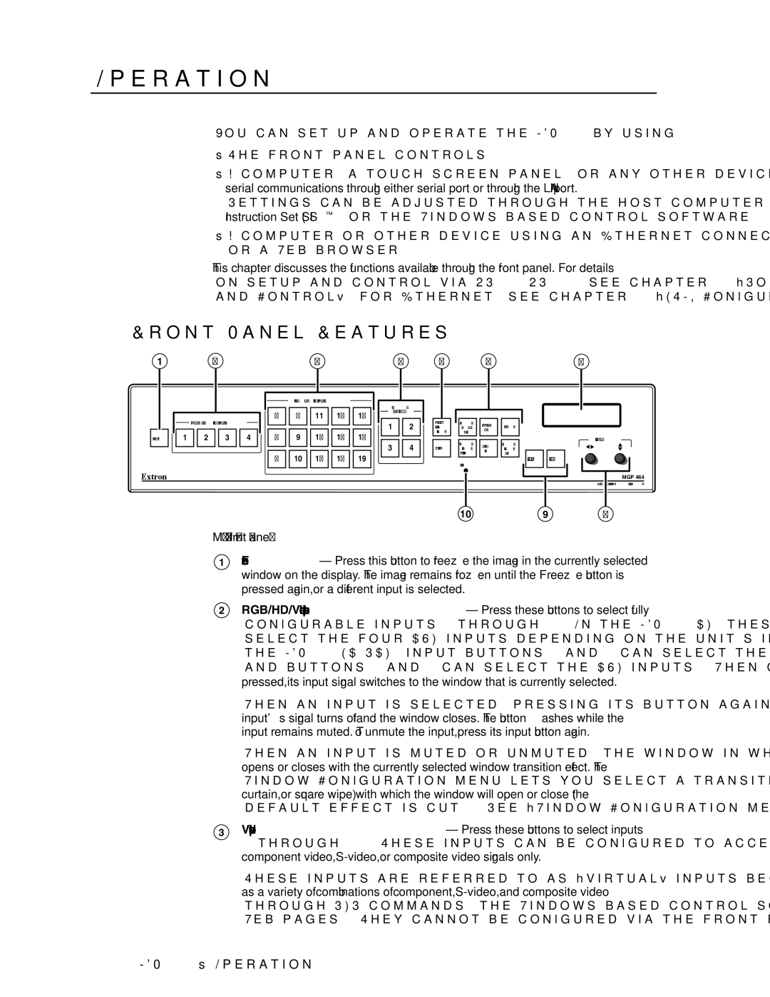 Extron electronic MGP 464 HD-SDI manual Front Panel Features, MGP 464 front panel, MGP 464 Operation 