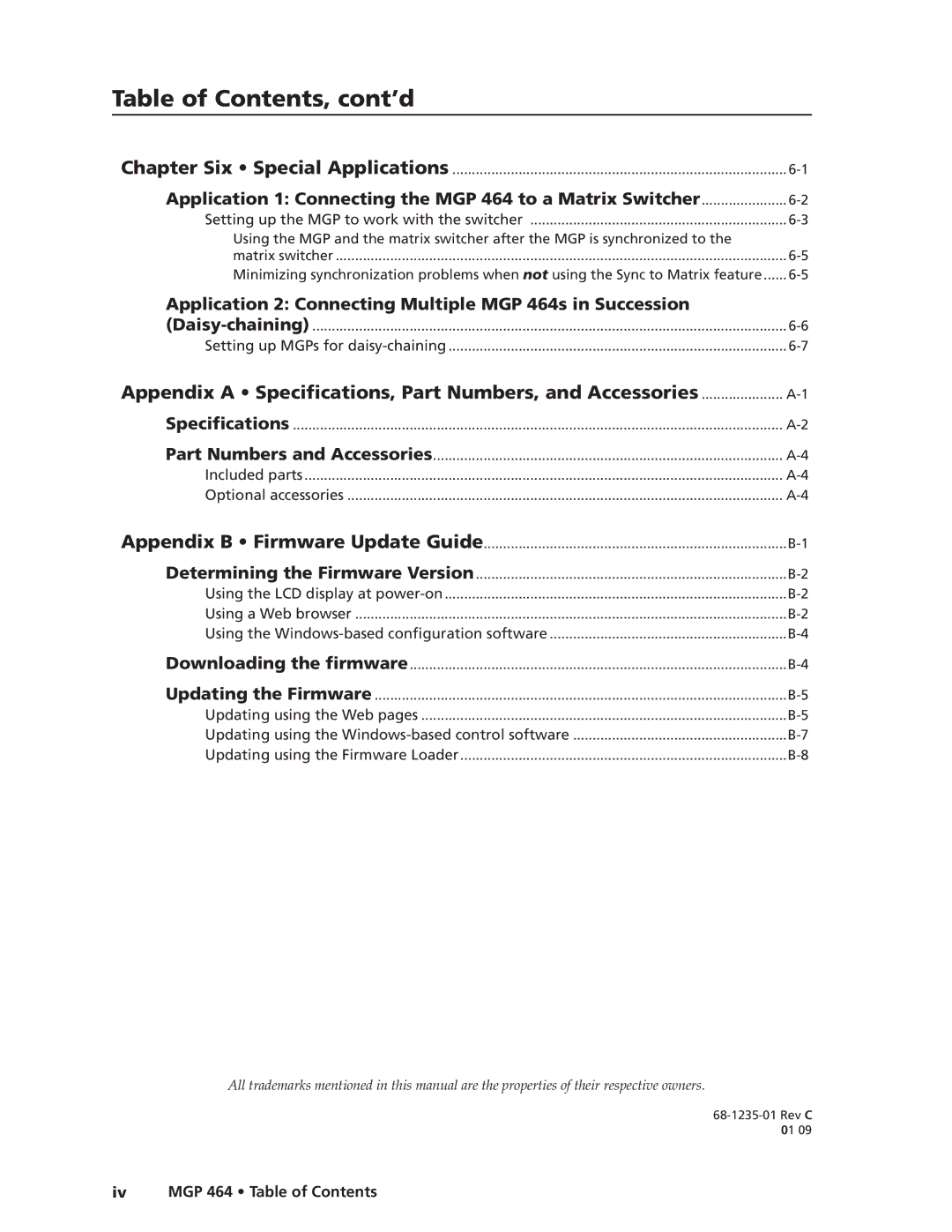 Extron electronic MGP 464 HD-SDI Appendix a Specifications, Part Numbers, and Accessories, Iv MGP 464 Table of Contents 