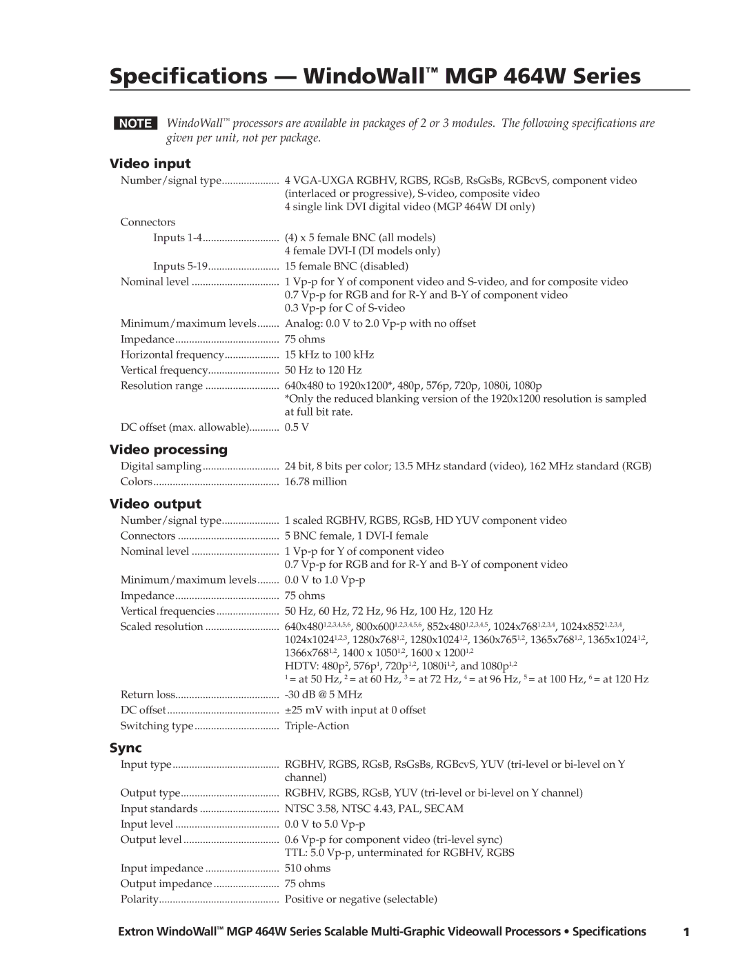 Extron electronic MGP 464W Series specifications Video input, Video processing, Video output, Sync 